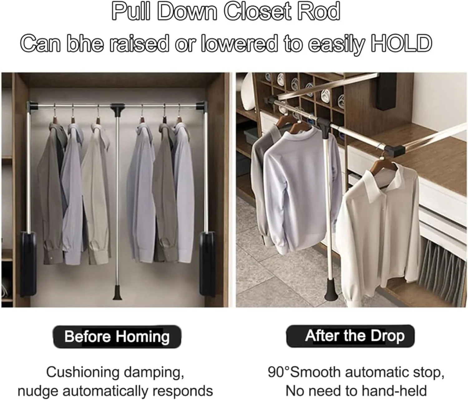 میله آویز لباس تاشو آلومینیومی قابل تنظیم 51-121 سانتی متر، میله های آویز لباس تاشو سنگین برای آویزان کردن لباس، ریل بالابر کمد لباس، سیستم سازمان دهنده، مشکی، مشکی-51-66 سانتی متر