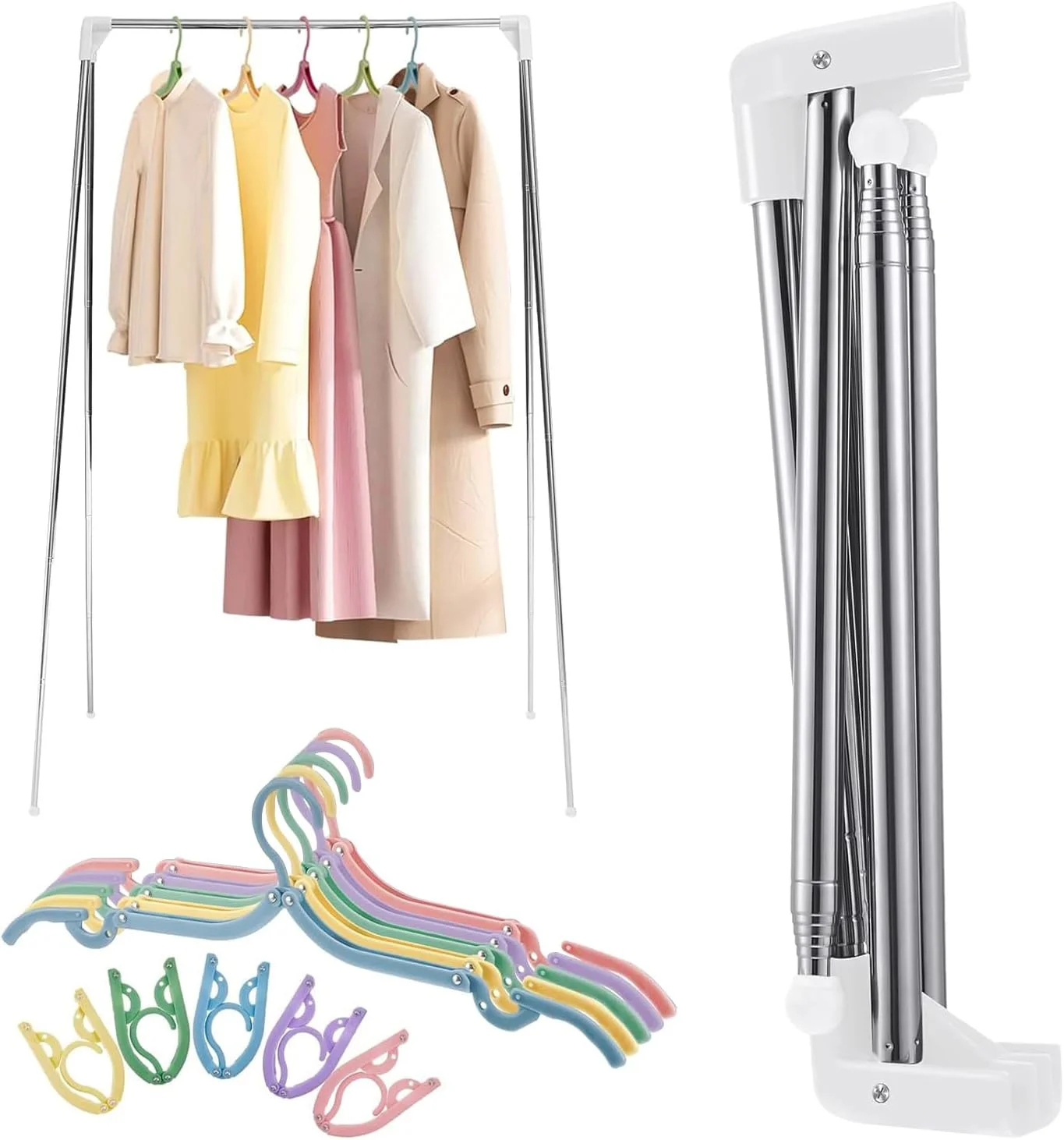 رگال لباس قابل حمل Angju، رگال استیل ضد زنگ تاشو با طول قابل تنظیم 33-72 سانتی متر، رگال لباس تاشو کوچک و 5 عدد چوب لباسی کوچک برای مسافرت، کمپینگ، خشک کردن لباس، استفاده در خانه، بیرون از خانه و کاروان