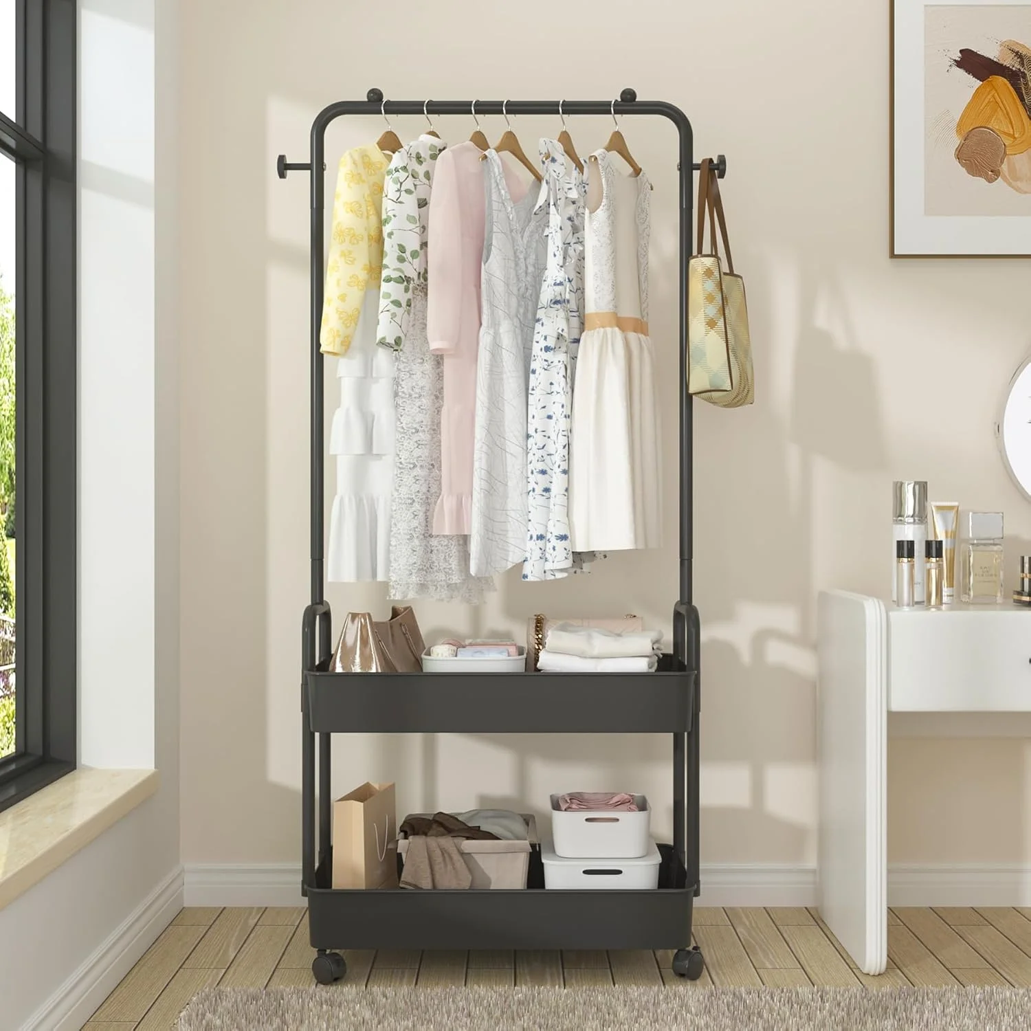 رگال لباس 2 در 1 ANTOLE، رگال لباس با 2 سبد فلزی طبقه ای، ارگانایزر لباس چرخ دار، استند رگال لباس و کت روی چرخ، رگال لباس، رگال لباس سنگین (مشکی)