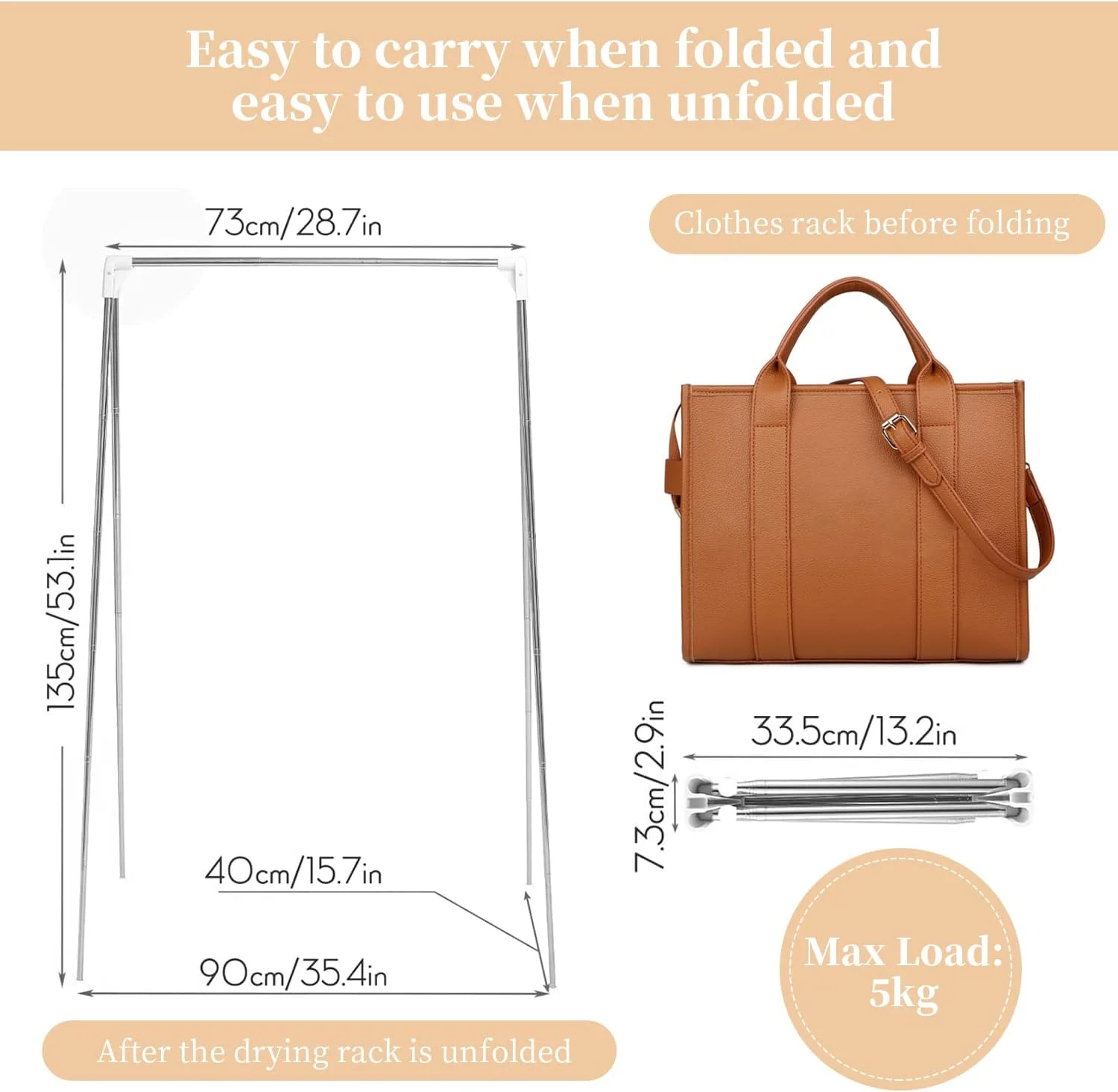 رگال لباس قابل حمل Angju، رگال استیل ضد زنگ تاشو با طول قابل تنظیم 33-72 سانتی متر، رگال لباس تاشو کوچک و 5 عدد چوب لباسی کوچک برای مسافرت، کمپینگ، خشک کردن لباس، استفاده در خانه، بیرون از خانه و کاروان