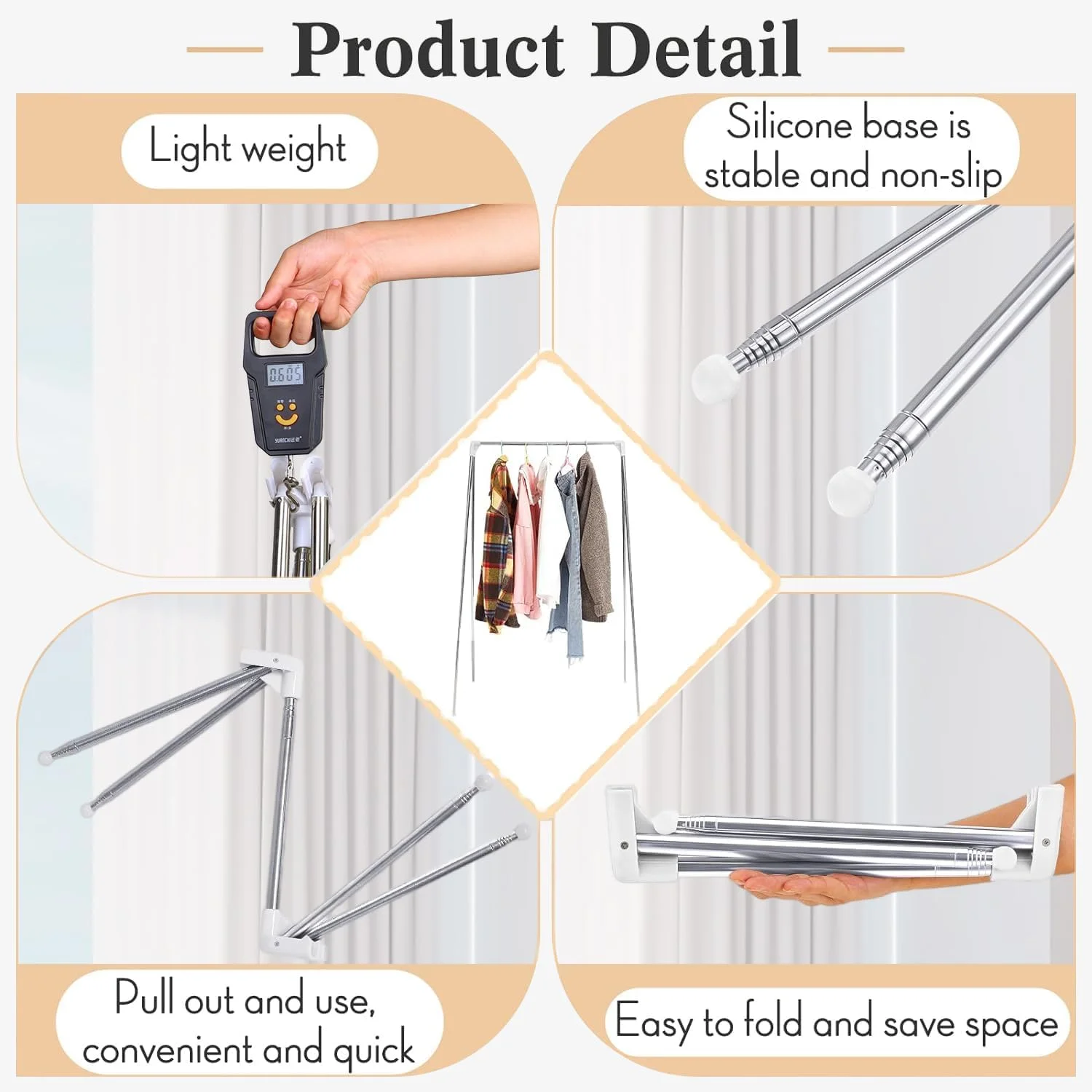 رگال لباس قابل حمل Angju، رگال استیل ضد زنگ تاشو با طول قابل تنظیم 33-72 سانتی متر، رگال لباس تاشو کوچک و 5 عدد چوب لباسی کوچک برای مسافرت، کمپینگ، خشک کردن لباس، استفاده در خانه، بیرون از خانه و کاروان