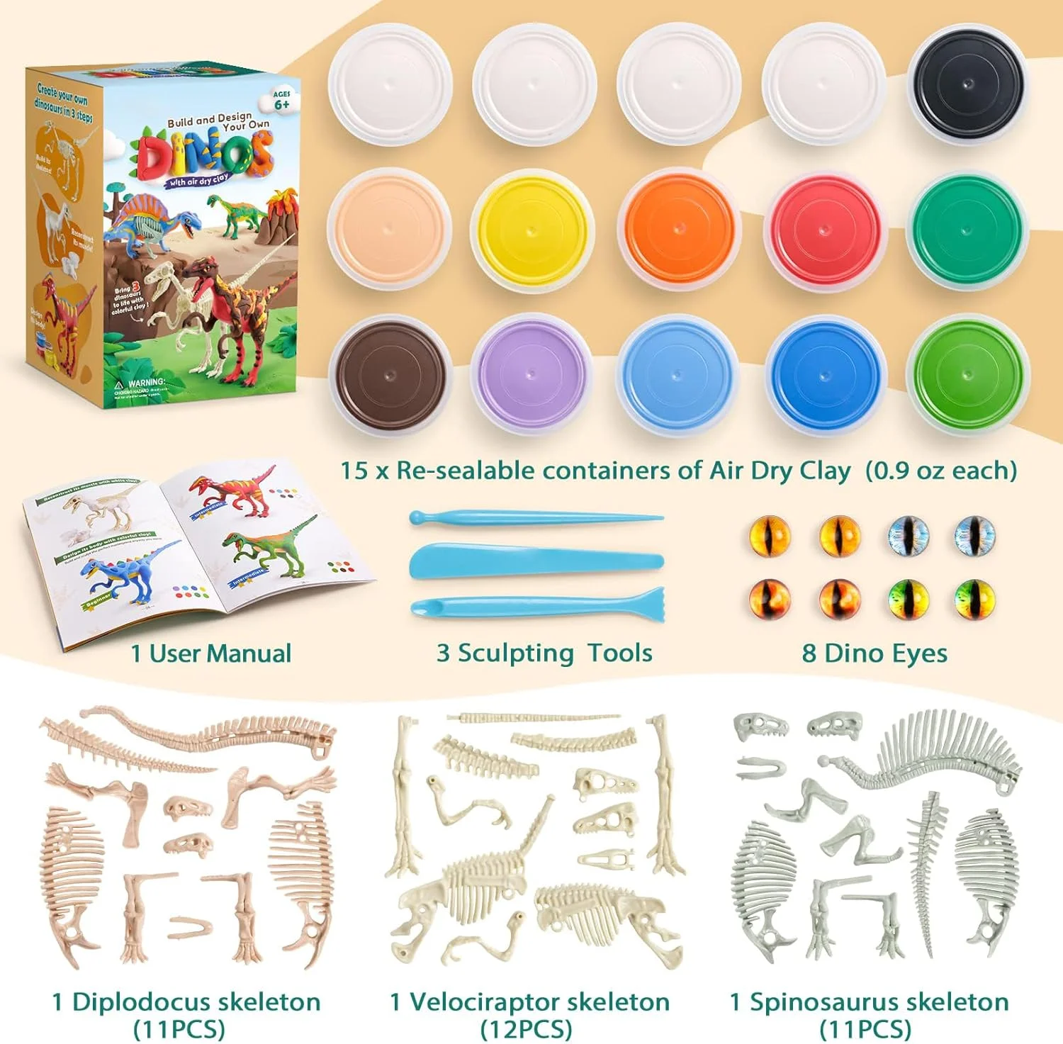 کیت ساخت دایناسور با خمیر بازی خشکشونده برای کودکان، دایناسورهای خود را با خمیر مدلسازی بسازید و طراحی کنید، شامل 3 اسکلت فسیلی دایناسور، هدیه برای پسران و دختران 6 سال به بالا کیت ساخت دایناسور با خمیر بازی خشکشونده برای کودکان، دایناسورهای خود را با خمیر مدلسازی بسازید و طراحی کنید، شامل 3 اسکلت فسیلی دایناسور، هدیه برای پسران و دختران 6 سال به بالا