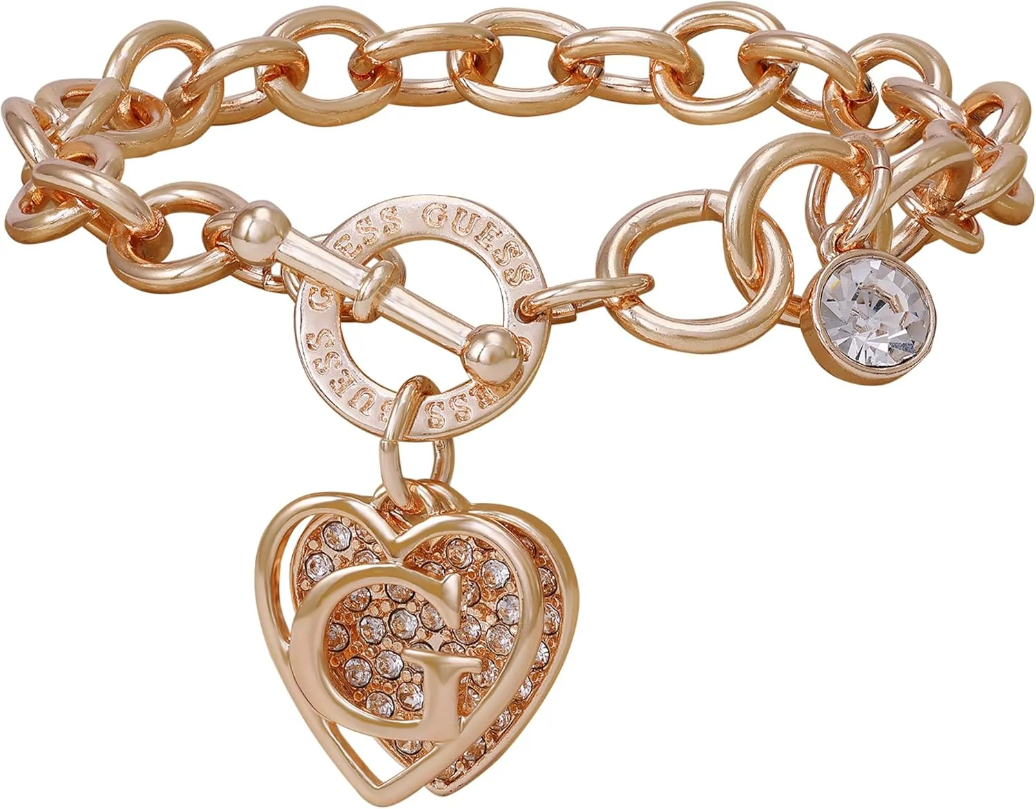 دستبند زنجیری حلقه ای رزگلد GUESS با آویزهای قلب و لوگو