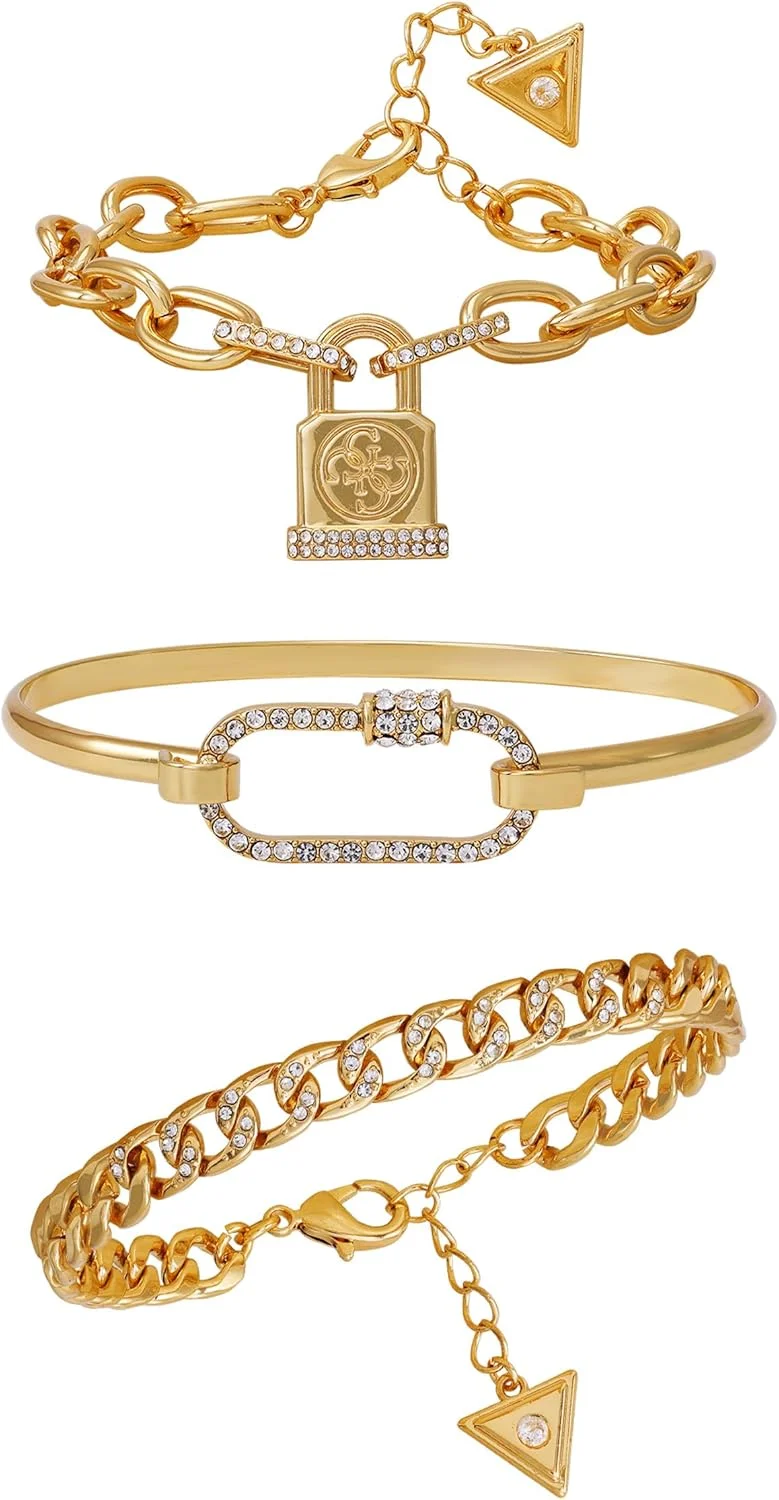 ست دستبند زنجیری سه تکه طلایی گس، سایز آزاد، شیشه، زیرکونیا