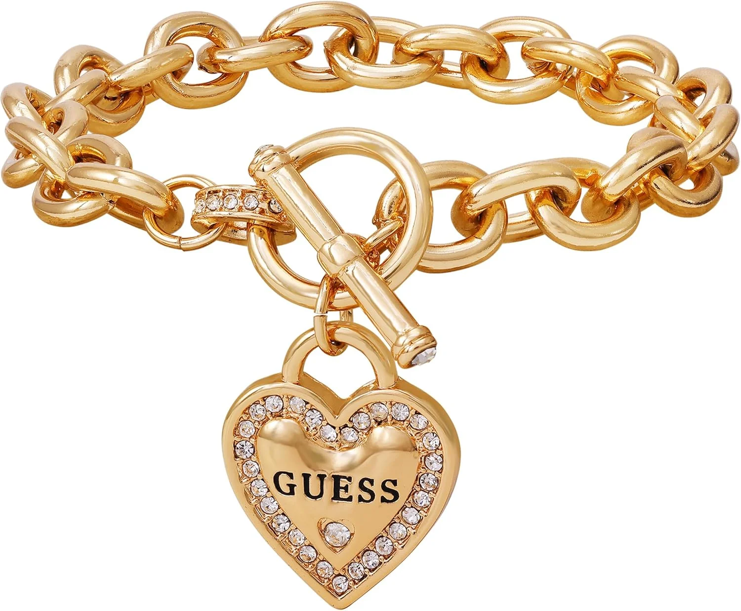 دستبند زنجیری طلایی رنگ با آویز قلب و لوگوی GUESS، سایز واحد، فلزی، بدون سنگ قیمتی دستبند زنجیری طلایی رنگ با آویز قلب و لوگوی GUESS، سایز واحد، فلزی، بدون سنگ قیمتی