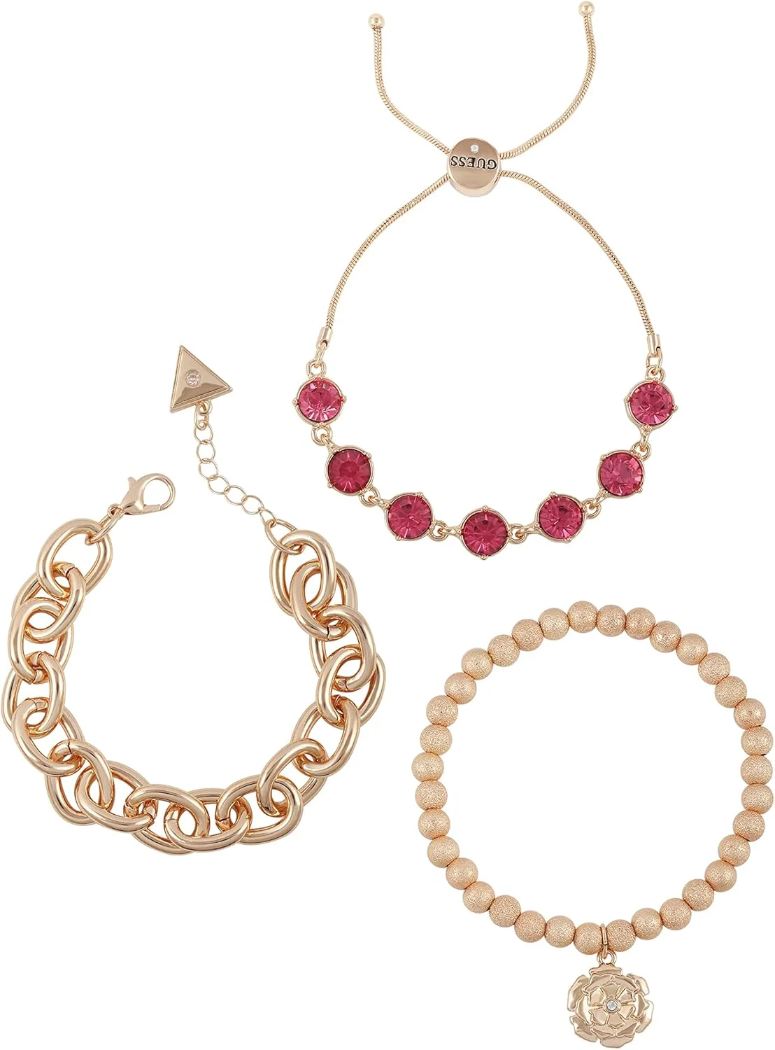 ست دستبند سه تکه طلایی حدس با سنگ کریستال رز و طرح گل های مختلف