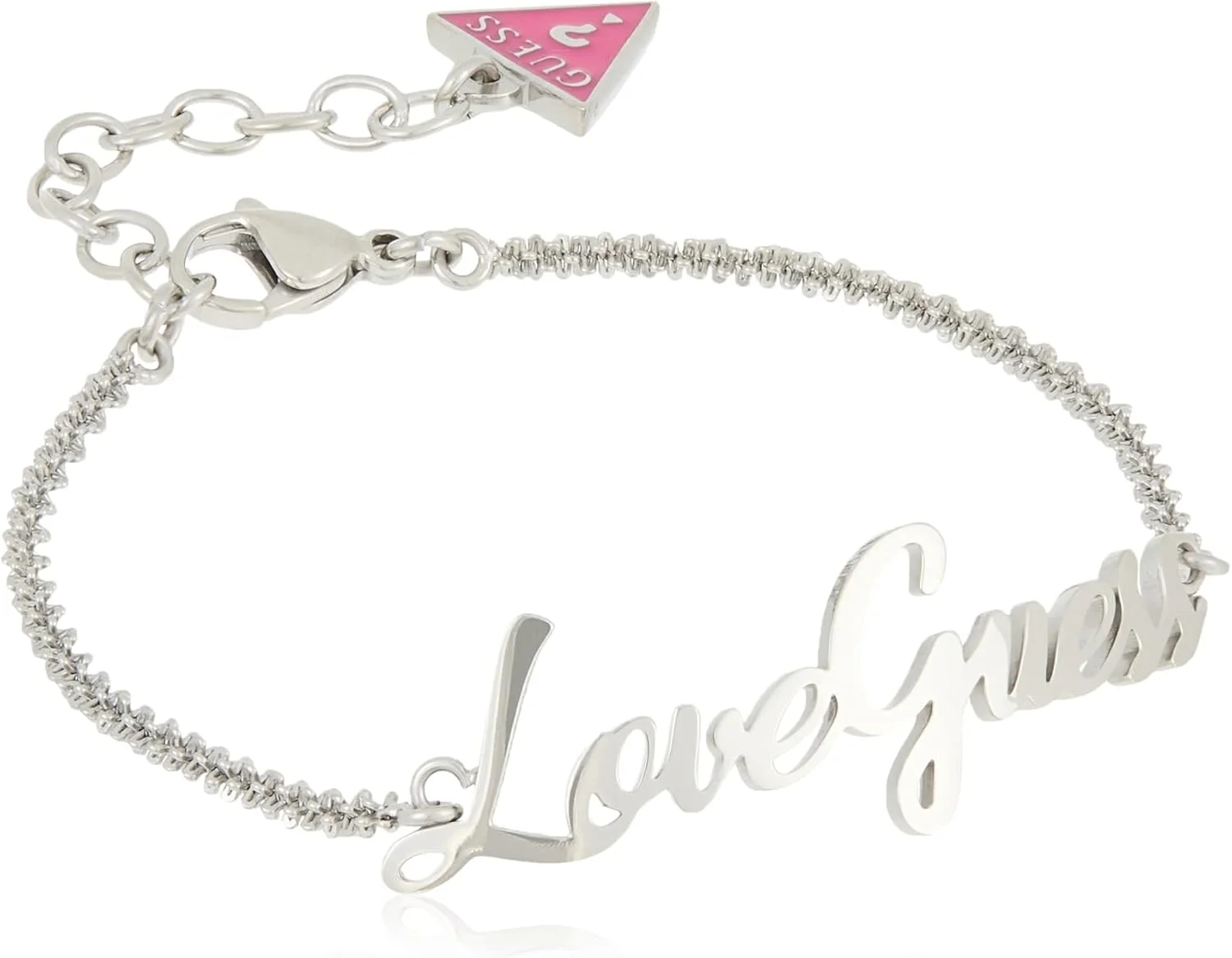 دستبند زنجیری استیل نقره‌ای رنگ ''Love Guess'' از GUESS JEWELLERY DREAM & LOVE با جزئیات لوگوی برند Guess و قفل خرچنگی که ظاهری شیک به شما می‌بخشد.