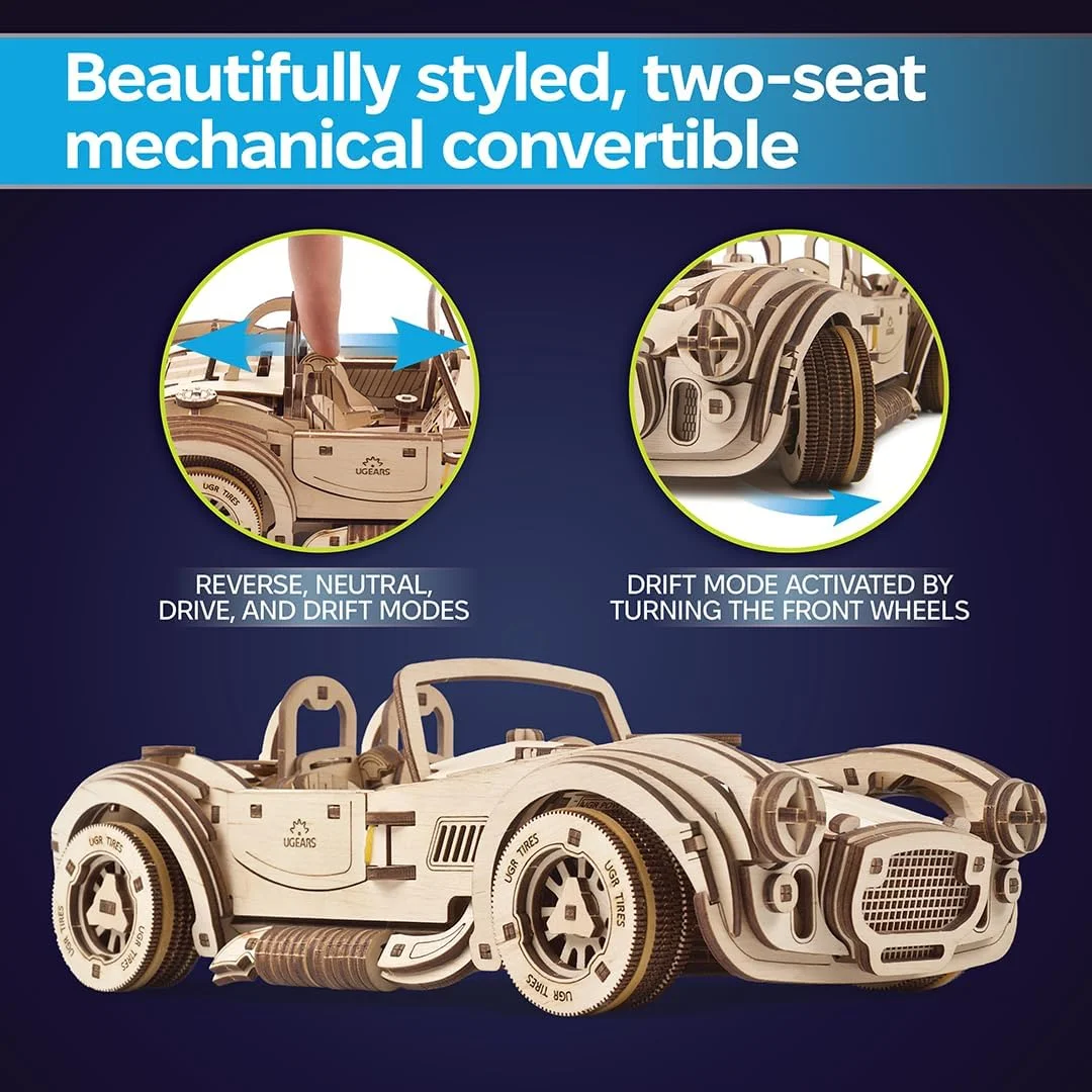 مدل ماشین قدیمی UGEARS - کیت پازل سه بعدی ماشین مسابقه ای دریفت کبرا - کیت پازل سه بعدی چوبی برای بزرگسالان و کودکان با موتور فنری قدرتمند - کیت های مدل ماشین برای ساخت تا 8 متر حرکت می کند