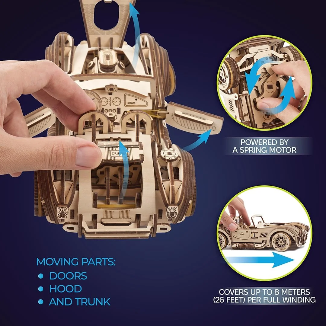 مدل ماشین قدیمی UGEARS - کیت پازل سه بعدی ماشین مسابقه ای دریفت کبرا - کیت پازل سه بعدی چوبی برای بزرگسالان و کودکان با موتور فنری قدرتمند - کیت های مدل ماشین برای ساخت تا 8 متر حرکت می کند