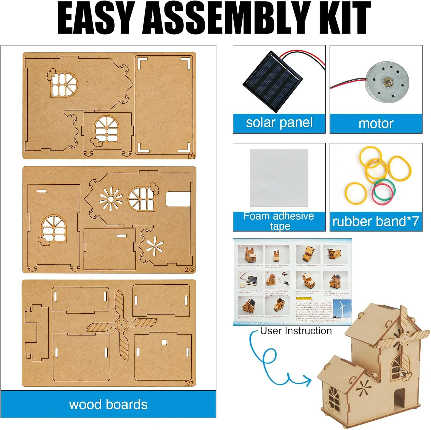 خانه آسیاب بادی خورشیدی DIY، پازل چوبی سه بعدی، کیت مدل صنایع دستی علمی آموزشی STEM برای کودکان 8-12 ساله. همراه با دستورالعمل واضح انگلیسی و جعبه بیرونی.