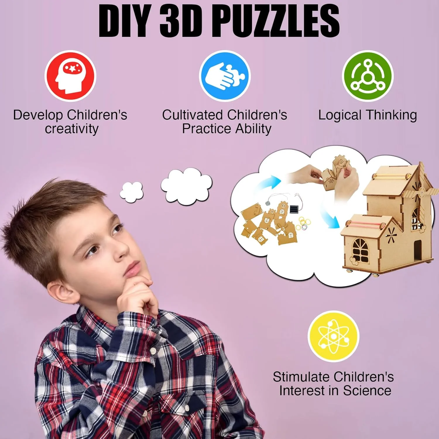 خانه آسیاب بادی خورشیدی DIY، پازل چوبی سه بعدی، کیت مدل صنایع دستی علمی آموزشی STEM برای کودکان 8-12 ساله. همراه با دستورالعمل واضح انگلیسی و جعبه بیرونی.