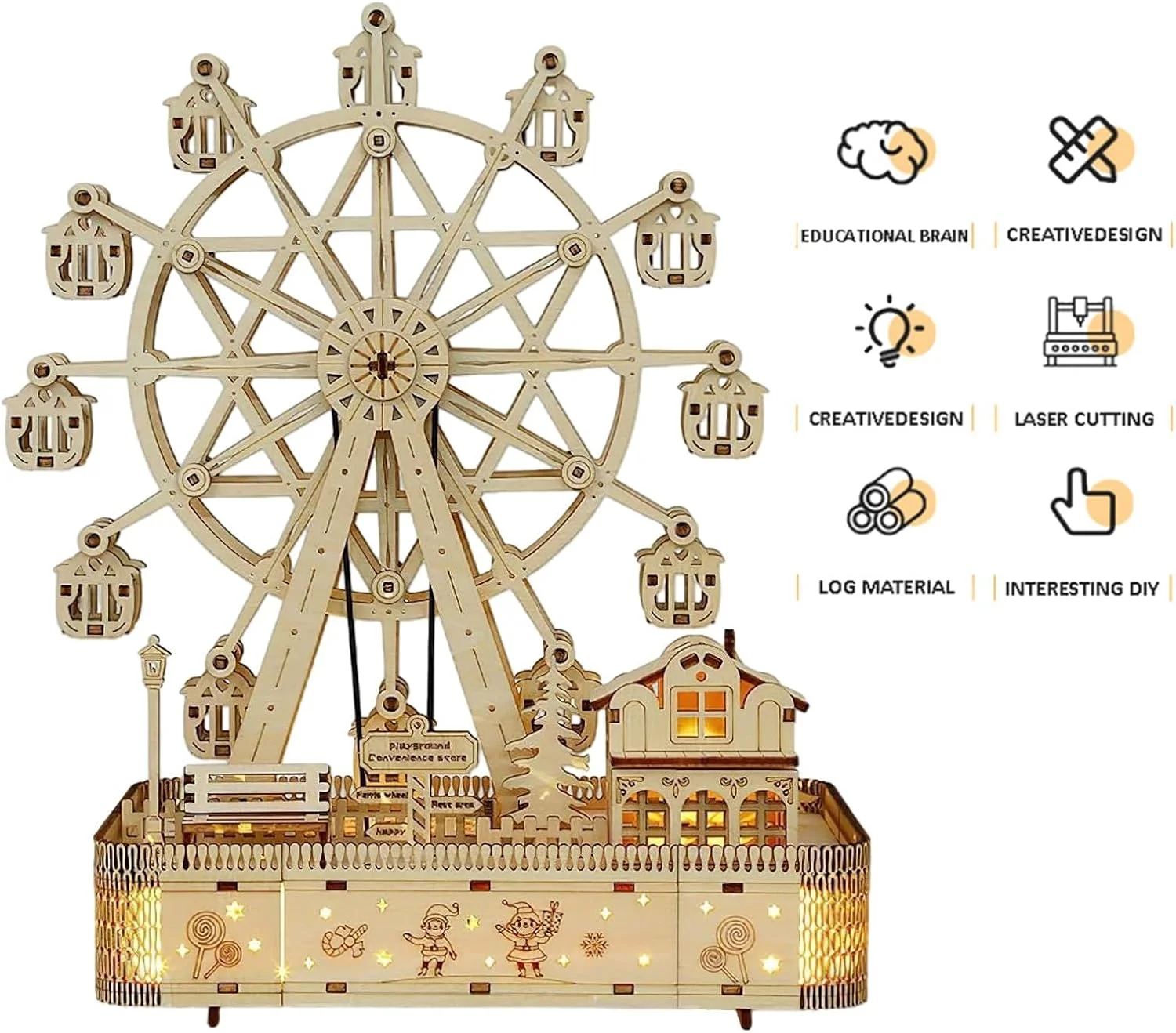 کیت مدل چوبی سه بعدی، پازل چوبی سه بعدی برای ساخت مدل مکانیکی خودتان، کیت اسباب بازی صنایع دستی مدل خودتان برای بزرگسالان، جعبه موسیقی چرخ و فلک با چراغ هدیه برای نوجوانان