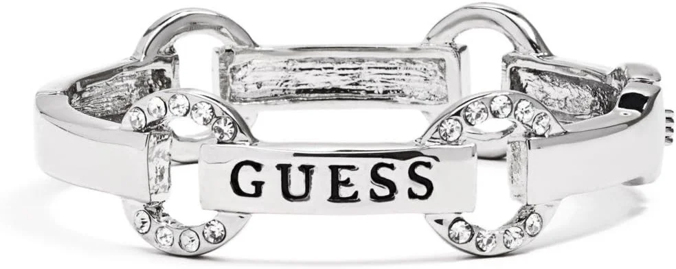 دستبند النگویی نقره ای رنگ زنانه با لوگوی نگین دار دستبند النگویی نقره ای رنگ زنانه با لوگوی نگین دار