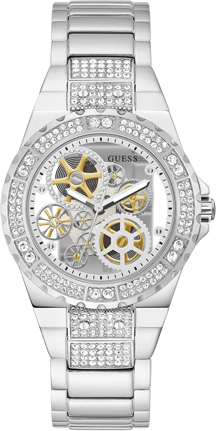 ساعت آنالوگ نقره‌ای رنگ زنانه GUESS با صفحه نمایش باز