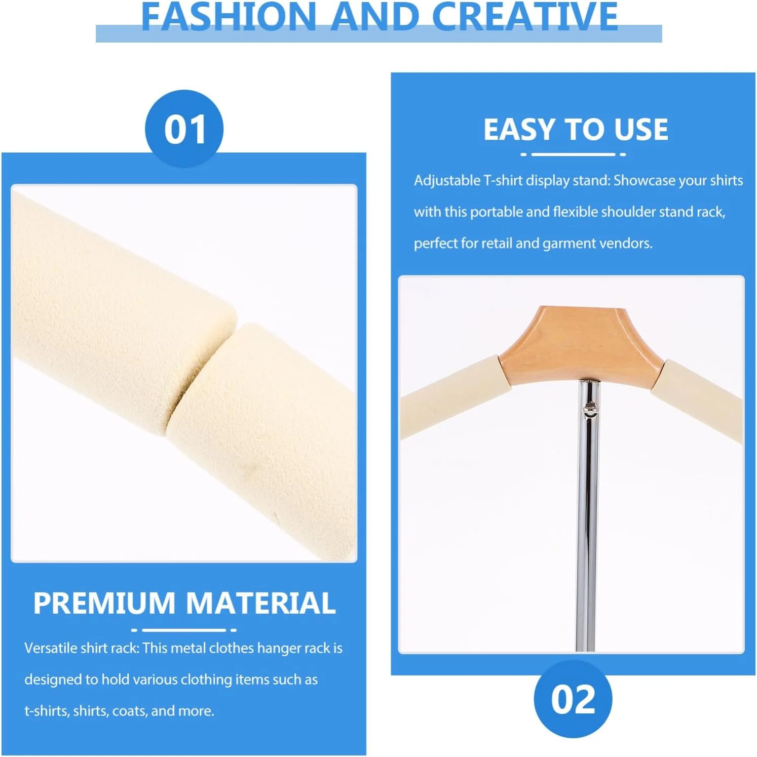 پایه شانه‌ای انعطاف‌پذیر Cabilock، استند فلزی نمایش تی‌شرت قابل تنظیم، رگال آویز لباس قابل حمل برای خشک کردن، اتو کردن و بخار دادن لباس، نگهدارنده کت
