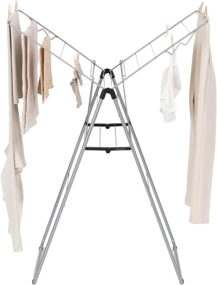 بند رخت تاشو برابانتیا HangOn، 15 متری، خاکستری متالیک - حداکثر تحمل وزن 12.5 کیلوگرم - دارای باله های قابل تنظیم - ایده آل برای لباس های ظریف - جمع و جور و تاشو