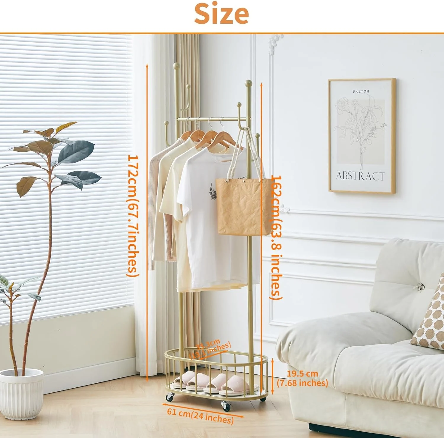 ریل لباس فلزی BOOSDEN، ریل لباس چرخ دار طلایی متحرک با قفسه و 4 آویز، 61 x 33.3 x 172 سانتی متر ریل لباس فلزی BOOSDEN، ریل لباس چرخ دار طلایی متحرک با قفسه و 4 آویز، 61 x 33.3 x 172 سانتی متر