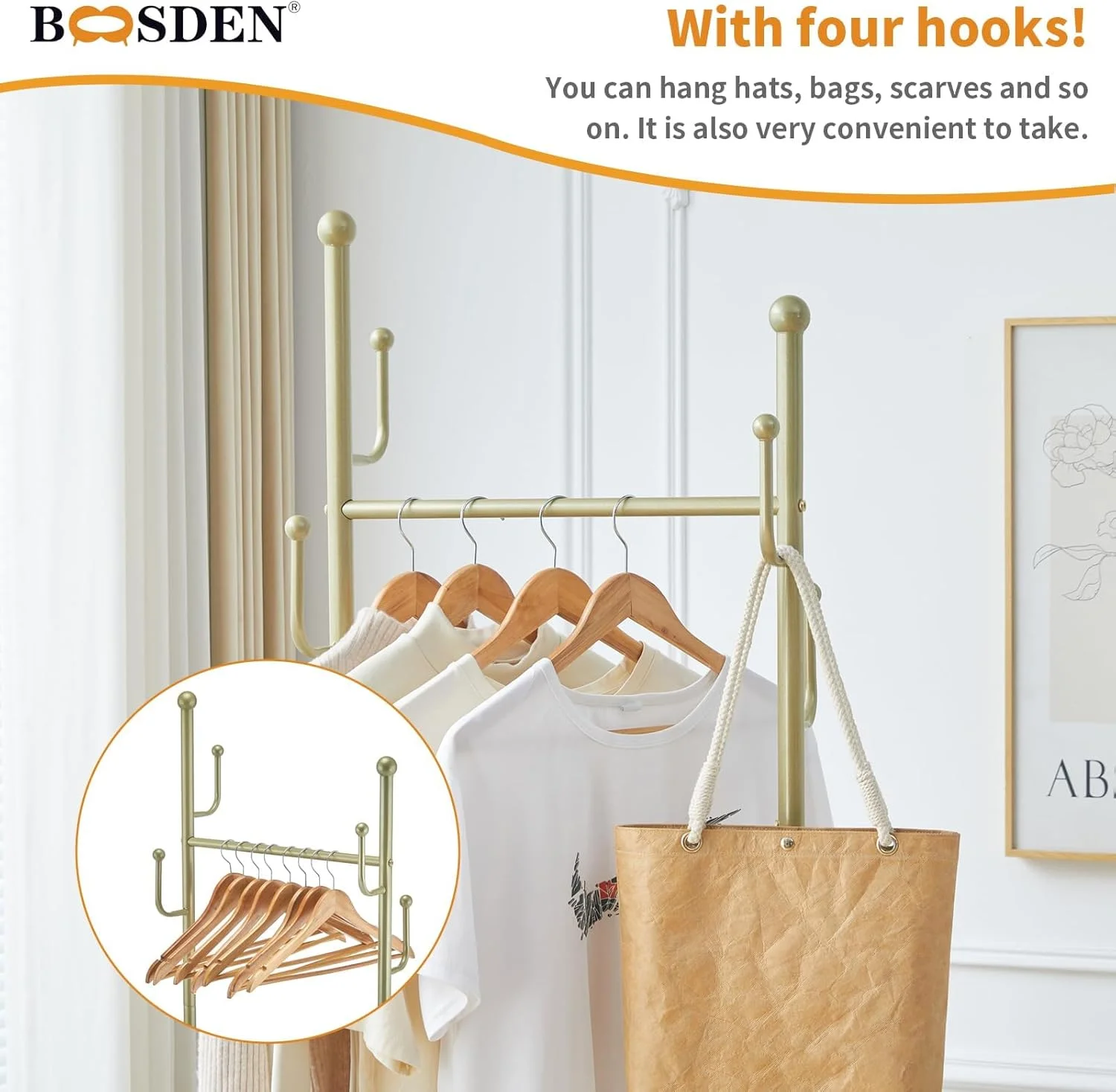 ریل لباس فلزی BOOSDEN، ریل لباس چرخ دار طلایی متحرک با قفسه و 4 آویز، 61 x 33.3 x 172 سانتی متر ریل لباس فلزی BOOSDEN، ریل لباس چرخ دار طلایی متحرک با قفسه و 4 آویز، 61 x 33.3 x 172 سانتی متر