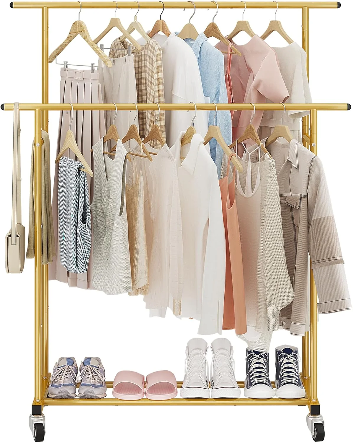 رگال لباس دو میله ای Calmootey، رگال لباس چرخ دار آویز، سازمان دهنده لباس قابل حمل برای اتاق خواب، اتاق نشیمن، فروشگاه لباس، طلایی