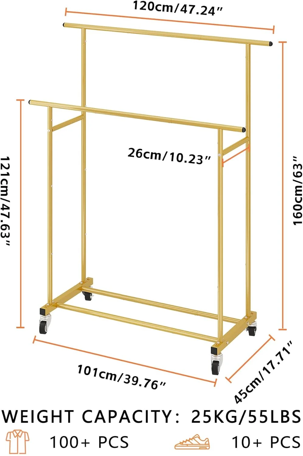 رگال لباس دو میله ای Calmootey، رگال لباس چرخ دار آویز، سازمان دهنده لباس قابل حمل برای اتاق خواب، اتاق نشیمن، فروشگاه لباس، طلایی