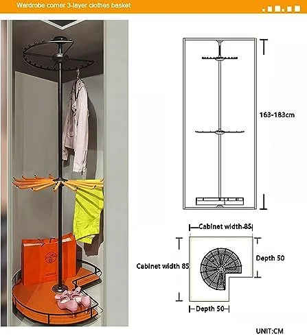 آویز گردان رختکن، ریل لباس 3 طبقه، کمد لباس، قفسه گردان گوشه، آویز لباس 360 درجه، قفسه شلوار رختکن (3 طبقه A)