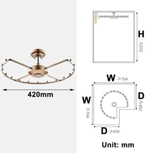 آویز گردان رختکن، آویز لباس چرخشی کمد - رگال لباس گرد، ریل لباس گوشه ای برای کمد دیواری، آویز لباس صرفه جویی در فضا، ظرفیت باربری 30 کیلوگرم (420