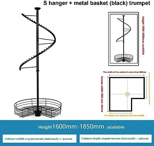 آویز چرخشی رختکن، رخت آویز چرخشی مارپیچ، رخت آویز گوشه کمد لباس به شکل S، قفسه شلوار، رختکن، آویز فلزی ایستاده محکم و صرفه جویی در فضا (مشکی)