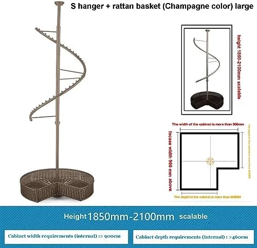 آویز چرخشی رختکن، رگال لباس چرخشی مارپیچ، رگال شلوار کمد گوشه ای رختکن، آویز ایستاده فلزی محکم و صرفه جویی در فضا (شامپاین)