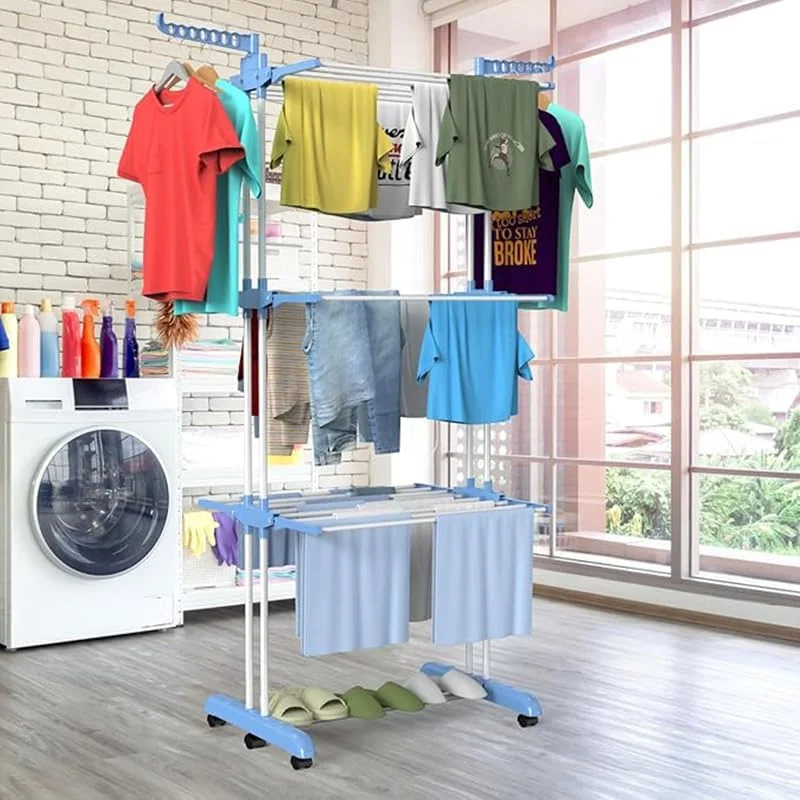 رخت آویز تاشو 4 طبقه استیل ضد زنگ، رخت آویز متحرک لباس برای داخل و خارج از خانه (172H x 50W x 76L سانتی متر، آبی روشن)