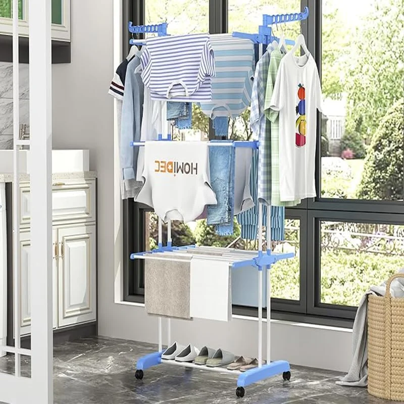 رخت آویز تاشو 4 طبقه استیل ضد زنگ، رخت آویز متحرک لباس برای داخل و خارج از خانه (172H x 50W x 76L سانتی متر، آبی روشن)