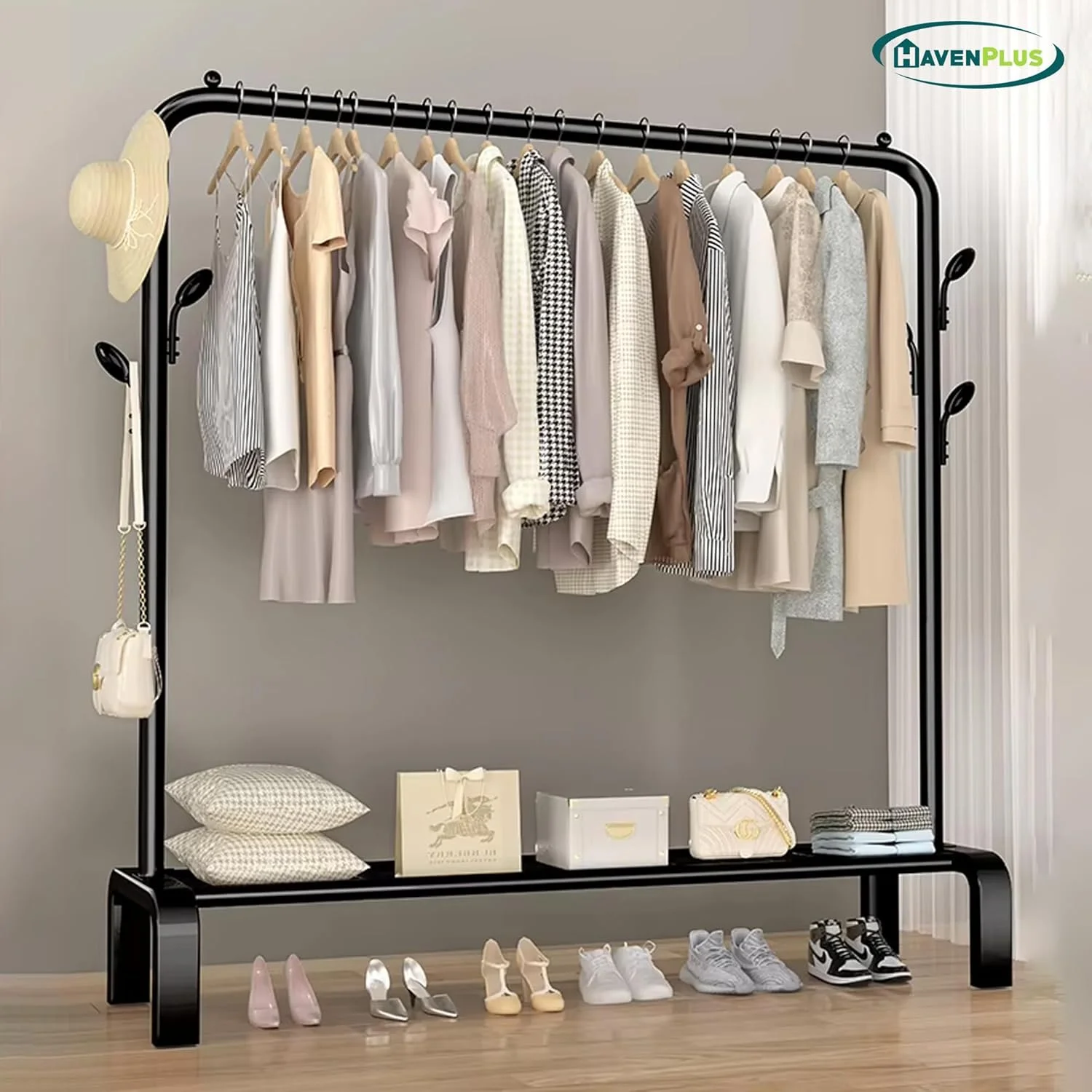 رگال لباس فلزی با میله آویز تکی و قفسه نگهداری، مشکی (مشکی)