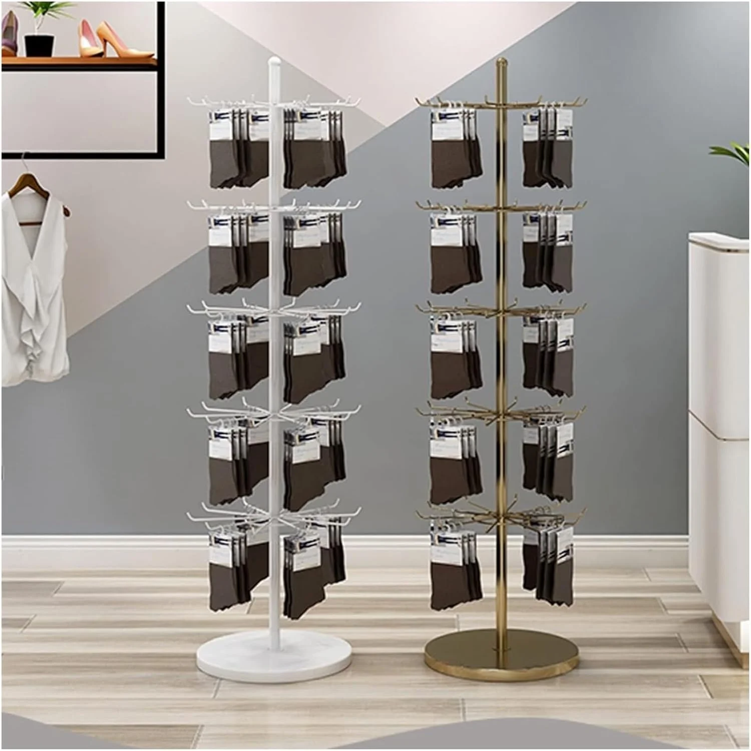 رگال لباس، استند نمایش جوراب، رگال چرخشی چند لایه ایستاده با پایه، رگال نمایش آویز جواهرات آهنی برای فروشگاه های لباس (طلایی، 5 لایه) رگال لباس، استند نمایش جوراب، رگال چرخشی چند لایه ایستاده با پایه، رگال نمایش آویز جواهرات آهنی برای فروشگاه های لباس (طلایی، 5 لایه)