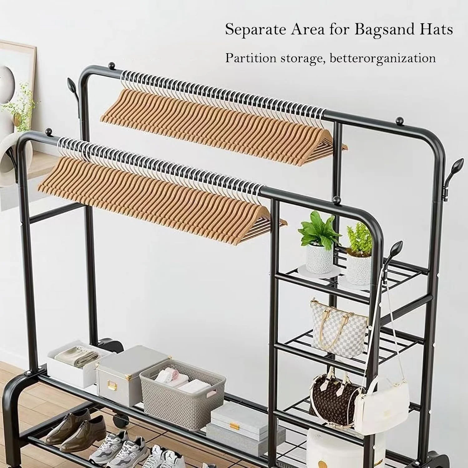 رگال لباس دو میله با چرخ، رگال لباس سنگین Fohome با 5 طبقه قفسه کمد و 4 قلاب، رگال لباس چند منظوره برای آویزان کردن لباس، کیف و کفش