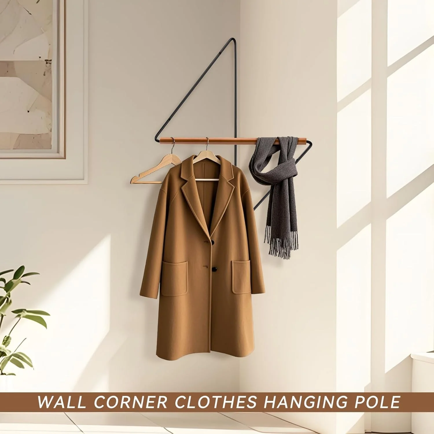 رگال لباس گوشه ای، سازمان دهنده لباس چوبی و آهنی، راه حل نگهداری فضای کوچک، رخت آویز و کلاه چند منظوره با محل نگهداری حوله و پتو، مونتاژ آسان