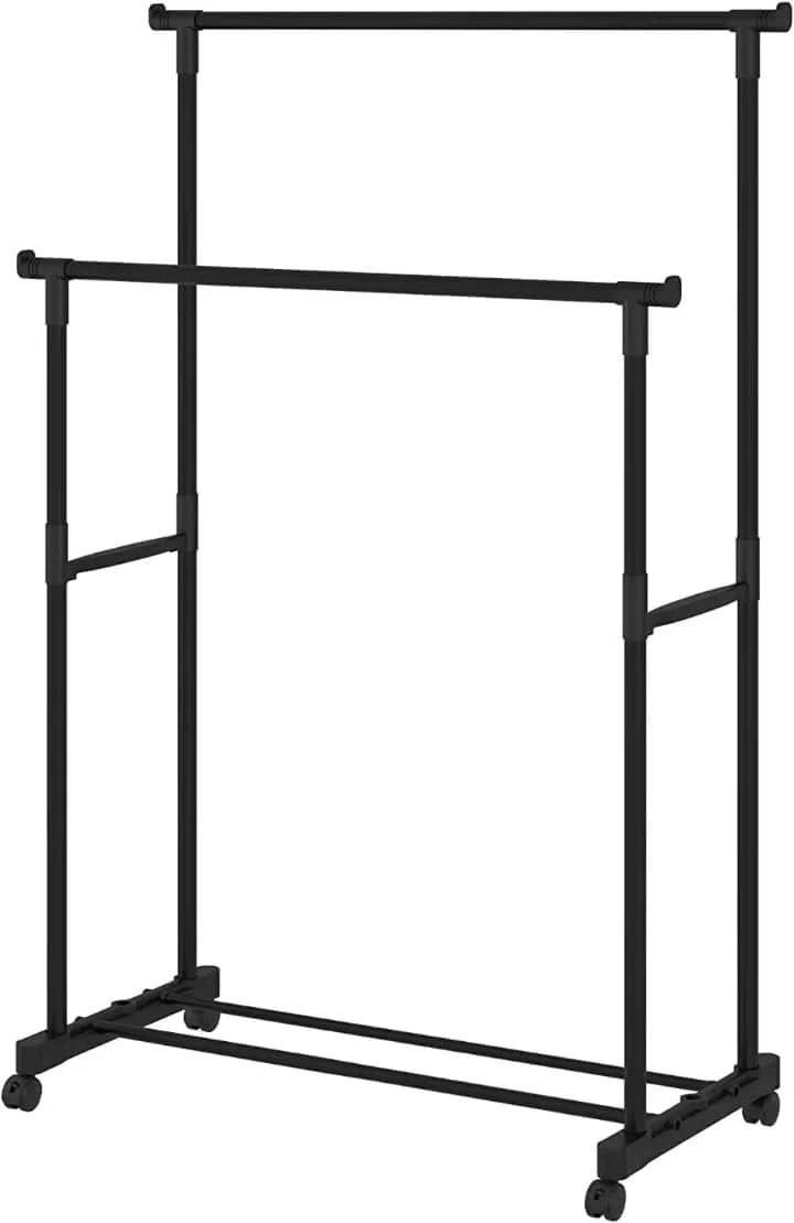 رگال لباس چرخ دار - رگال لباس قابل تنظیم با ارتفاع متغیر، سازمان دهنده لباس فلزی مشکی، آویز لباس چرخ دار با قفسه ذخیره سازی پایین برای کفش، کیف و ژاکت رگال لباس چرخ دار - رگال لباس قابل تنظیم با ارتفاع متغیر، سازمان دهنده لباس فلزی مشکی، آویز لباس چرخ دار با قفسه ذخیره سازی پایین برای کفش، کیف و ژاکت