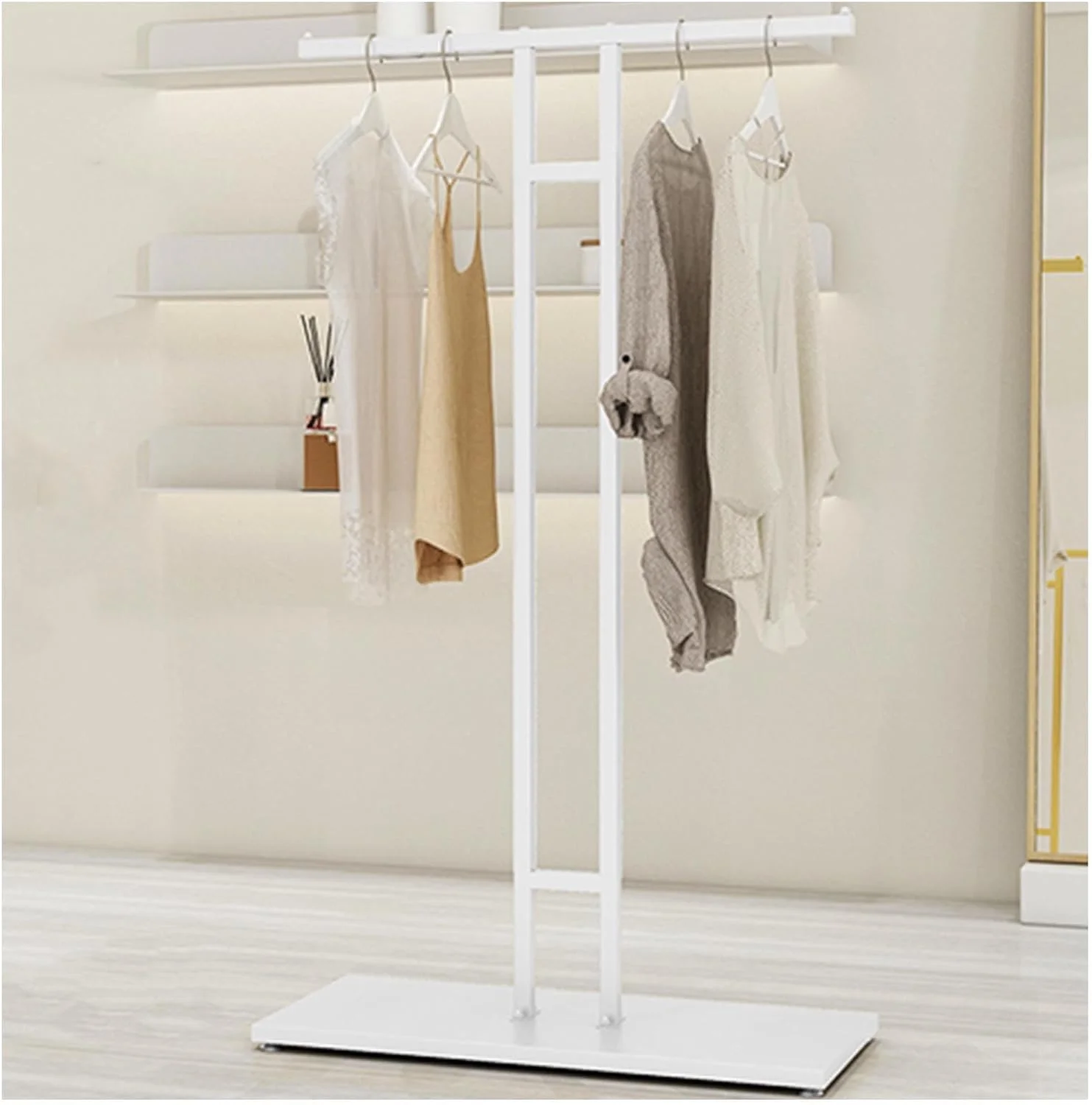رگال لباس مدرن، آویز لباس ایستاده، استند نمایش لباس برای فروشگاه ها، خرده فروشی ها، انبار خانگی، رگال لباس پیراهن و کت دو طرفه، سفید - مدل 2