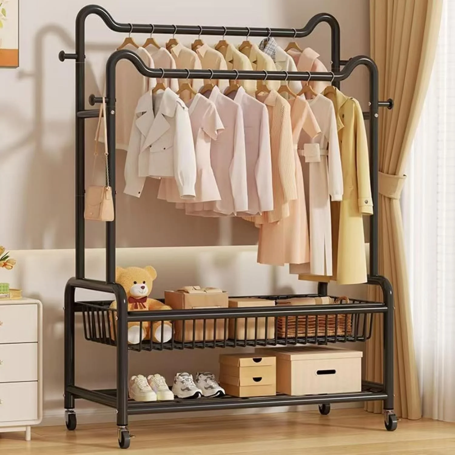 رگال لباس متحرک با قفسه، ریل لباس دوتایی، کمد لباس چرخ دار، سفید (مشکی)