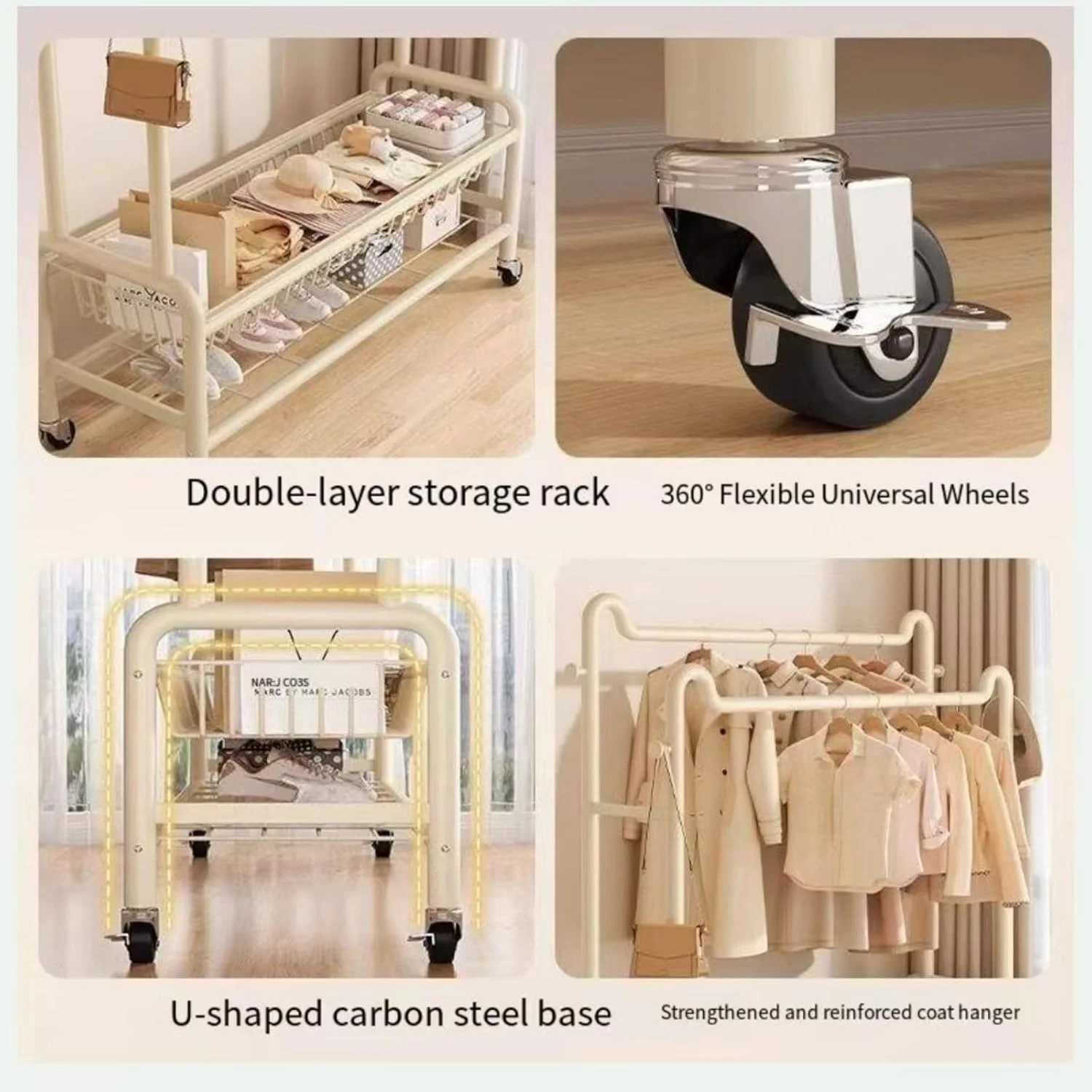 رگال لباس متحرک با قفسه، ریل لباس دوتایی، کمد لباس چرخ دار، سفید (مشکی)