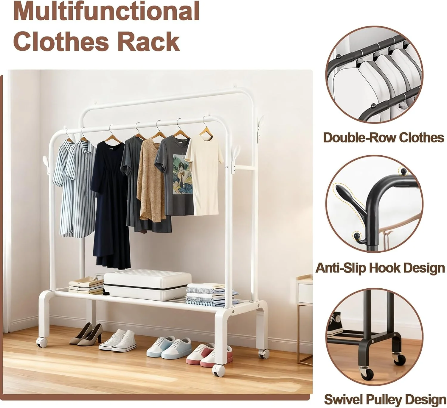 رگال لباس دو میله با چرخ، سازمان دهنده کمد ایستاده با قفسه های ذخیره سازی، رگال آویز لباس سنگین با چرخ های قفل شونده برای اتاق خواب، ورودی و دفتر کار (سفید)