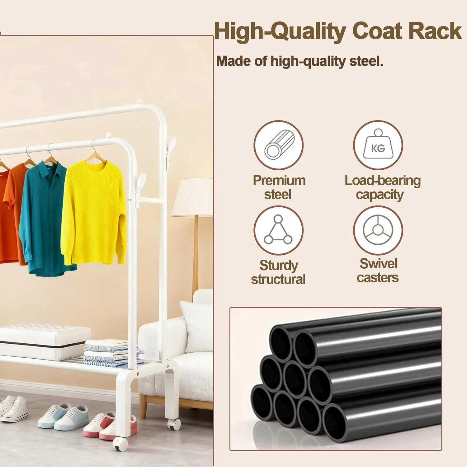 رگال لباس دو میله با چرخ، سازمان دهنده کمد ایستاده با قفسه های ذخیره سازی، رگال آویز لباس سنگین با چرخ های قفل شونده برای اتاق خواب، ورودی و دفتر کار (سفید)