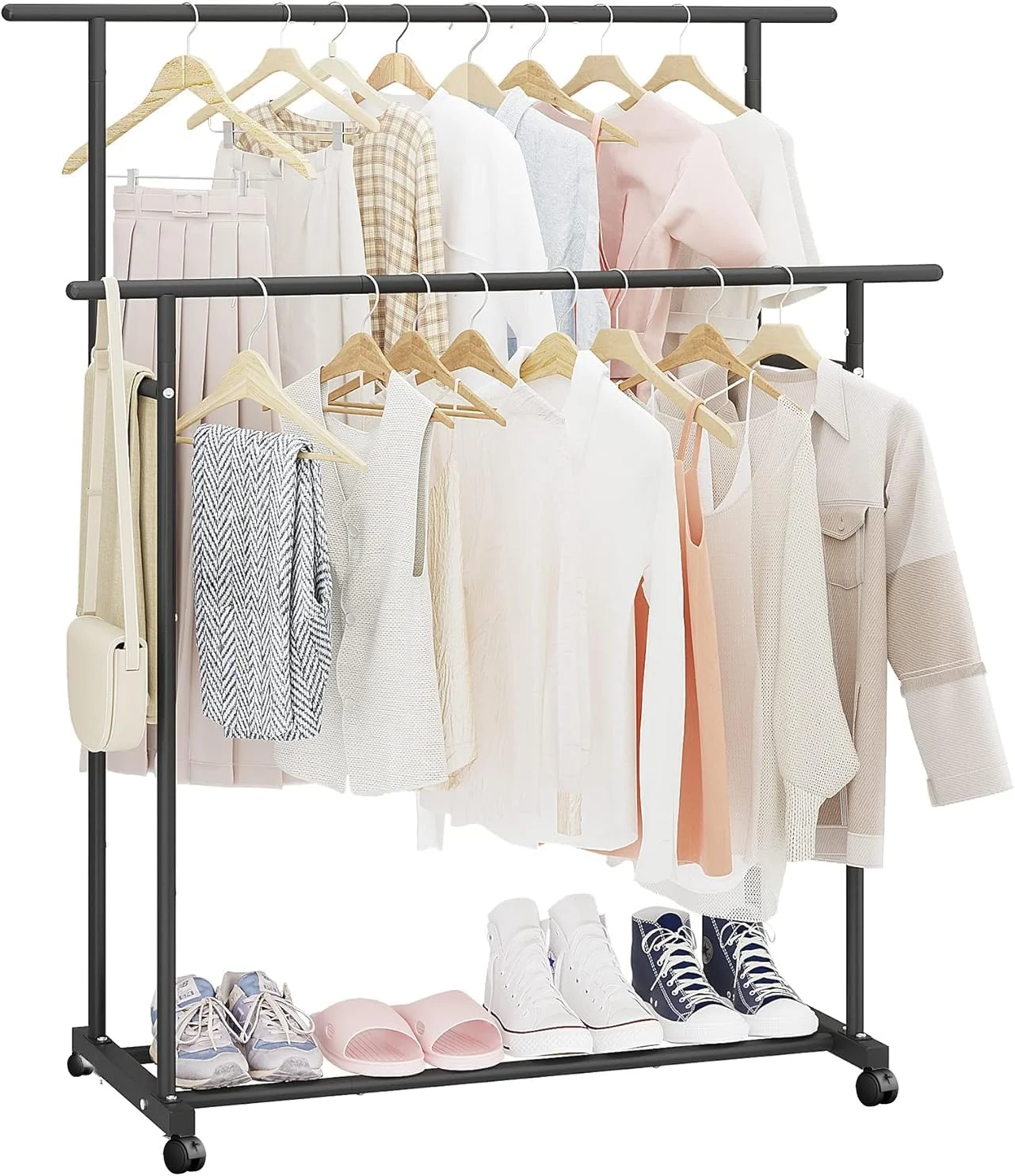رگال لباس دو میله ای، رگال لباس آویز متحرک، سازمان دهنده لباس قابل حمل برای اتاق خواب، اتاق نشیمن، فروشگاه لباس، مشکی (مشکی)
