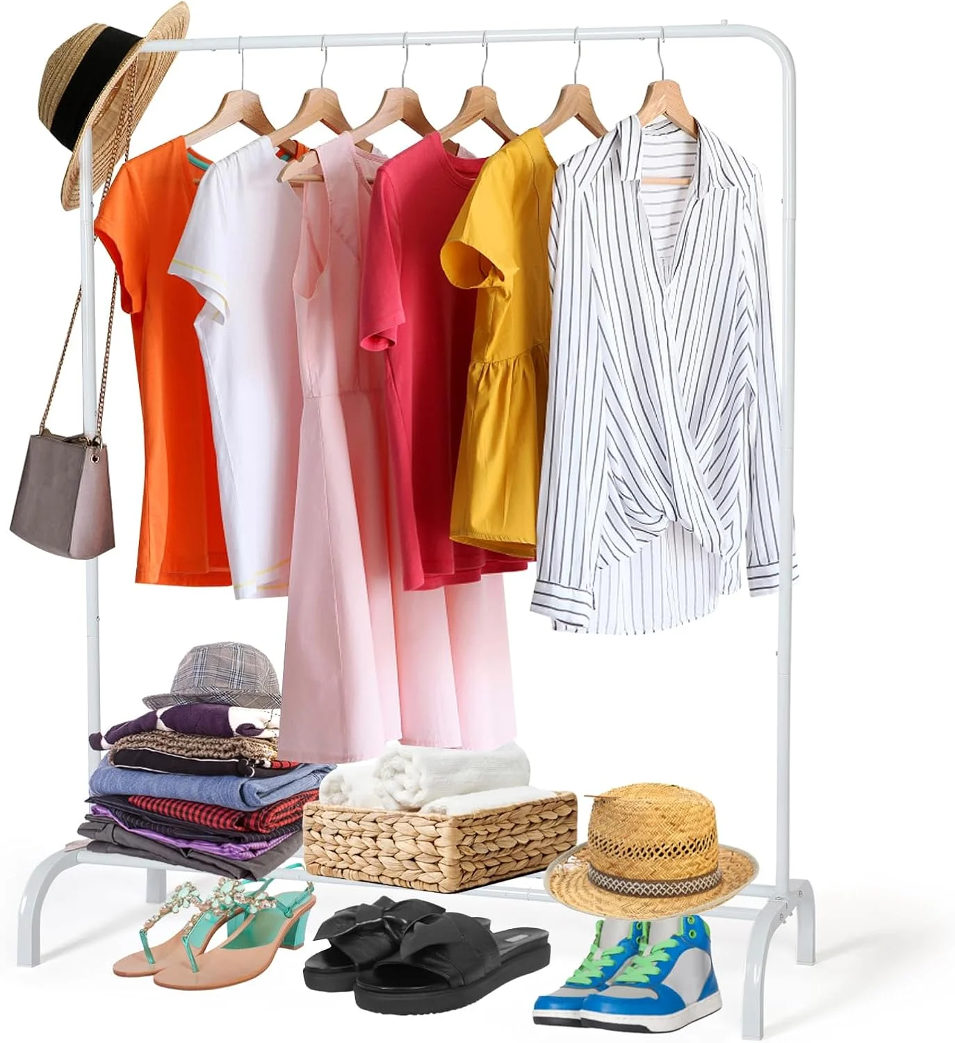 رگال لباس فلزی، رگال لباس ایستاده سنگین با میله بالایی و قفسه زیرین برای نگهداری، رگال آویز لباس مناسب برای آویزان کردن کت، دامن، پیراهن، ارتفاع 110 سانتی متر - سفید