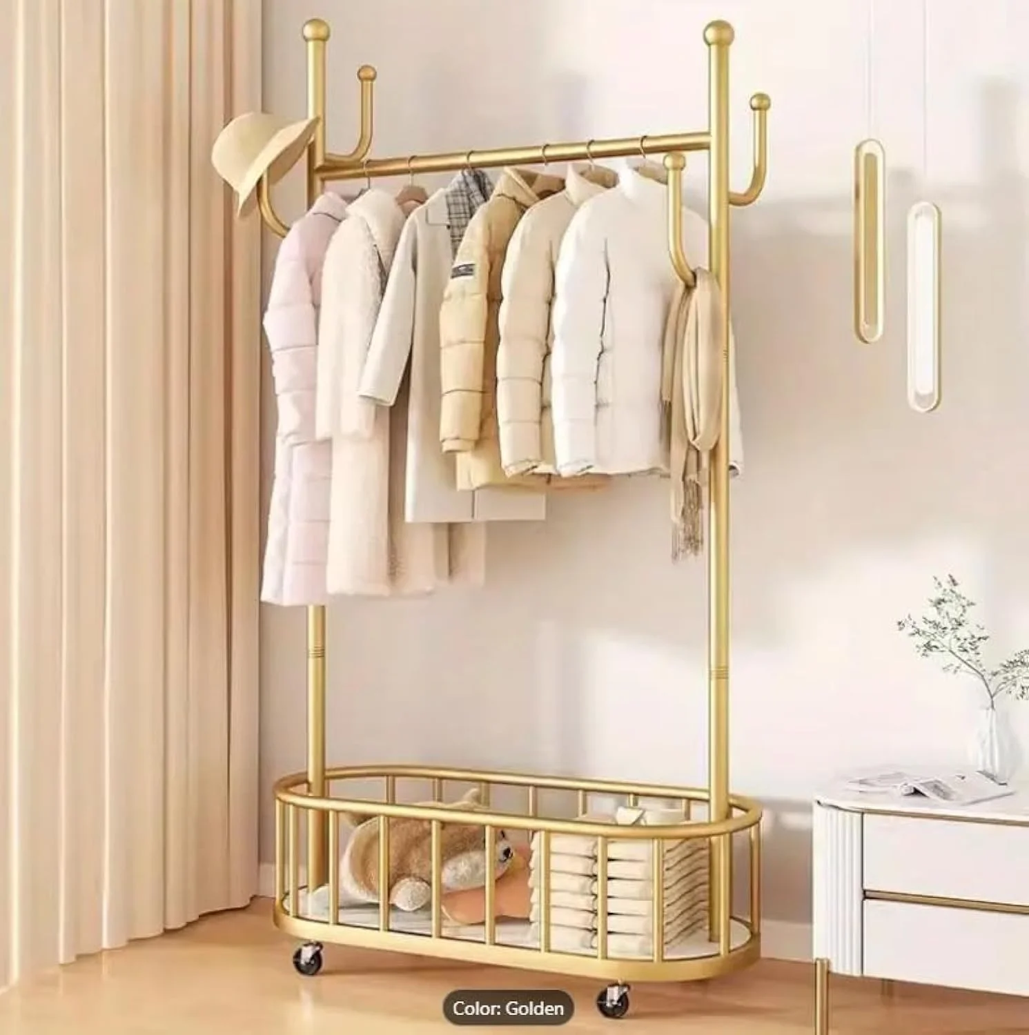 رگال لباس سوپار با قفسه، رگال آویز لباس فلزی، رخت آویز، رخت آویز چند منظوره اتاق خواب، کلاه آویز درختی برای اتاق خواب داخلی (طلایی)