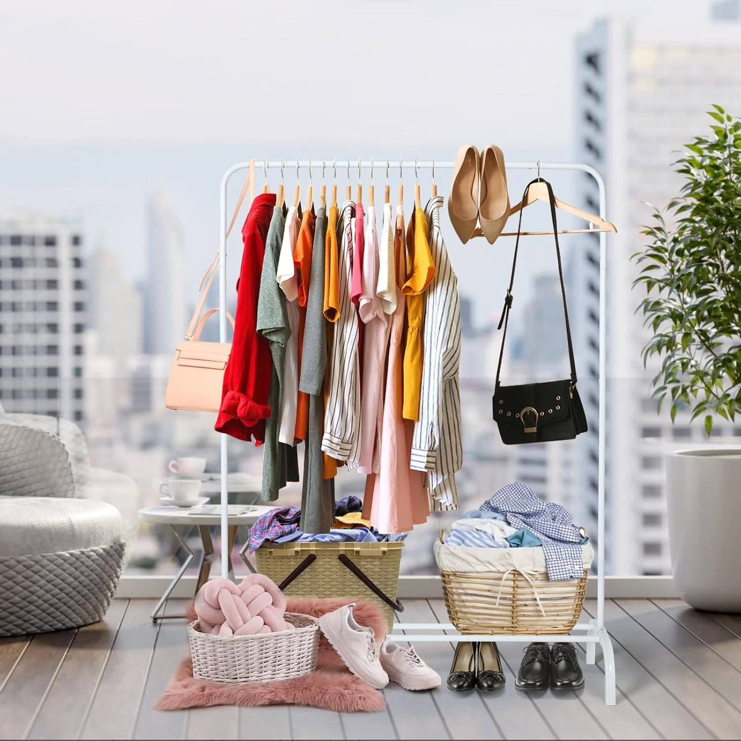 رگال لباس فلزی، رگال لباس ایستاده سنگین با میله بالایی و قفسه زیرین برای نگهداری، رگال آویز لباس مناسب برای آویزان کردن کت، دامن، پیراهن، ارتفاع 110 سانتی متر - سفید