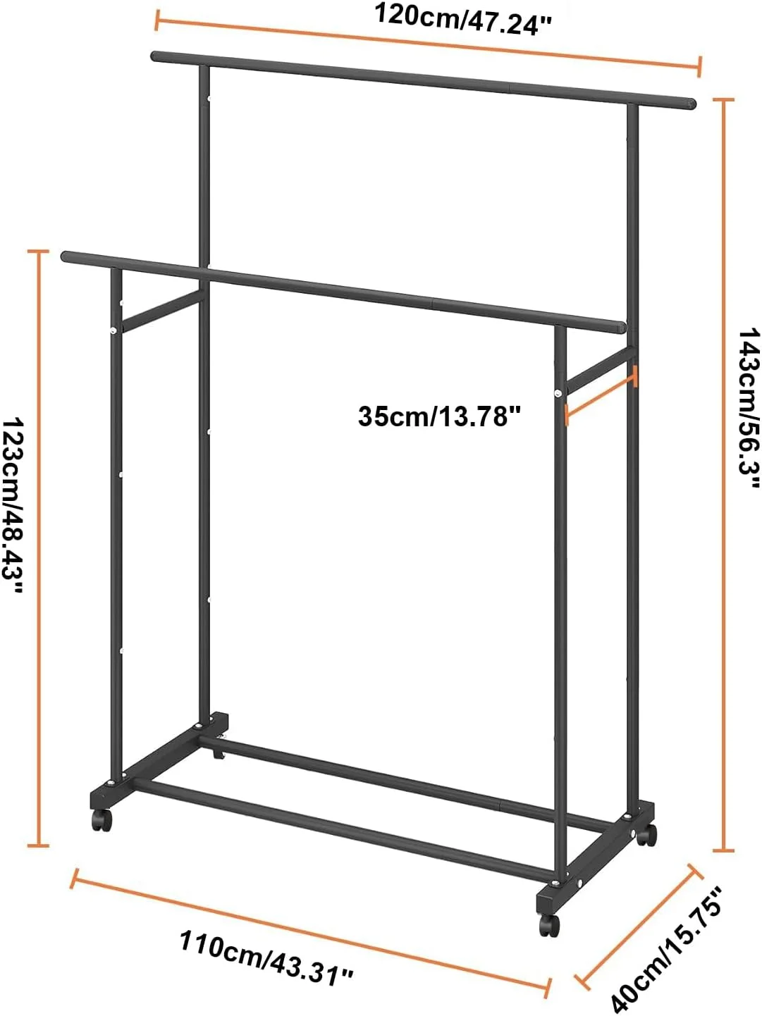 رگال لباس دو میله ای، رگال لباس آویز متحرک، سازمان دهنده لباس قابل حمل برای اتاق خواب، اتاق نشیمن، فروشگاه لباس، مشکی (مشکی)