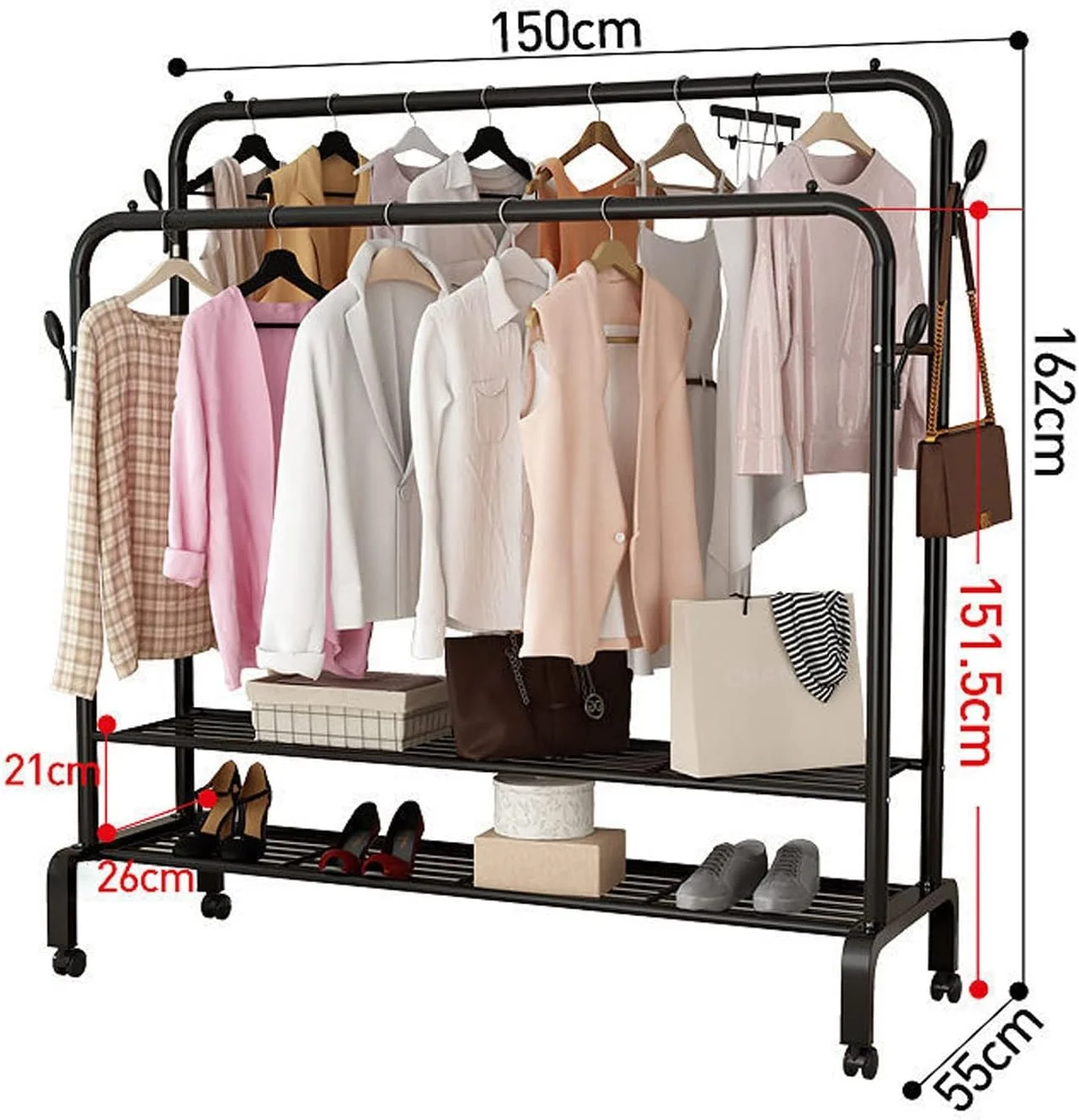 رگال لباس دو میله فلزی سنگین، آویز لباس ایستاده، خشک کن بزرگ متحرک با 2 طبقه قفسه ذخیره سازی پایین و 4 چرخ برای اتاق خواب (رنگ: مشکی، سایز: 150 سانتی متر)
