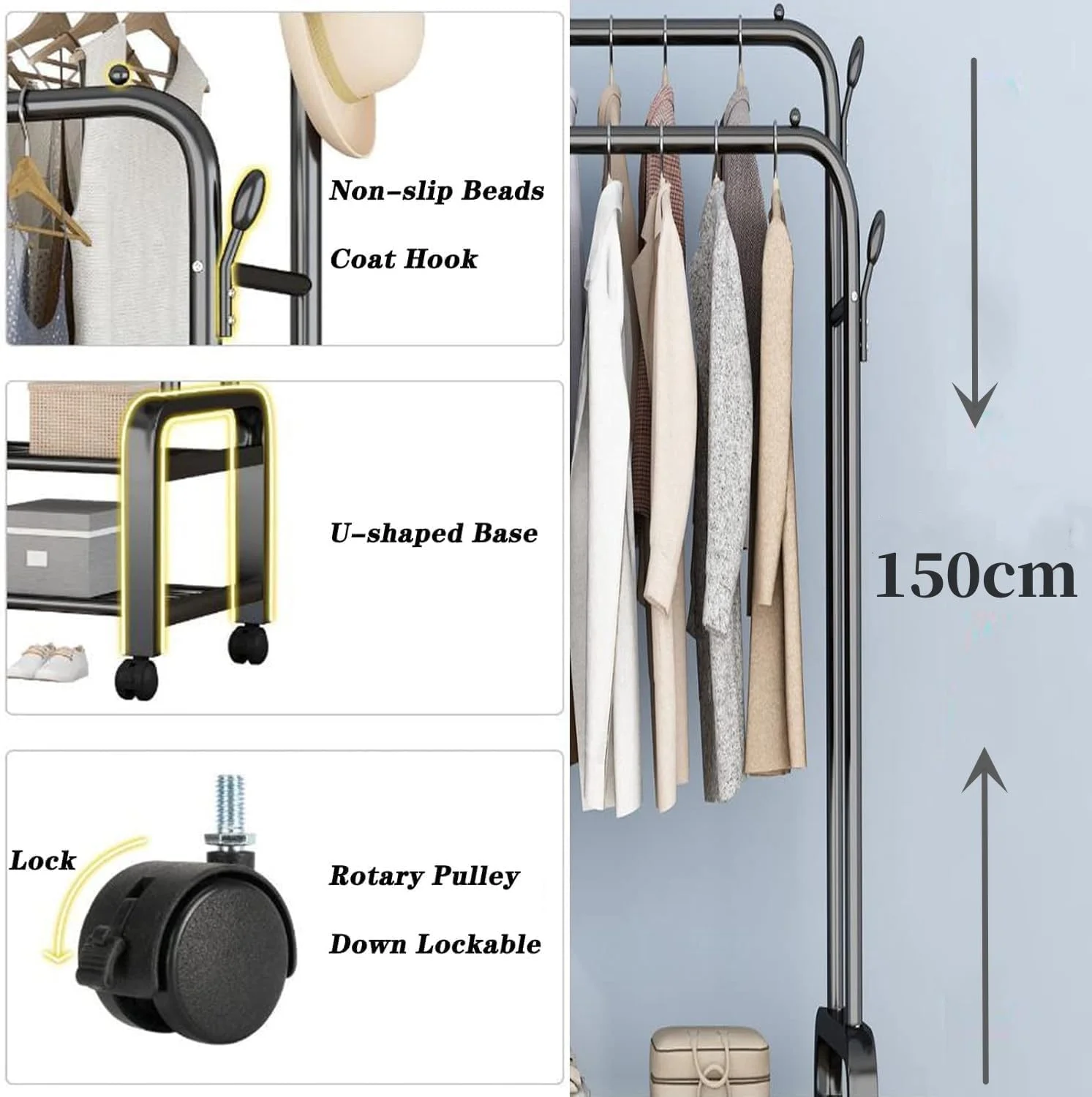 رگال لباس دو میله ارکیده با چرخ، رگال آویز لباس سنگین با چرخ های قفل شونده برای اتاق خواب، سازمان دهنده کمد ایستاده با قفسه های ذخیره سازی، ورودی و دفتر