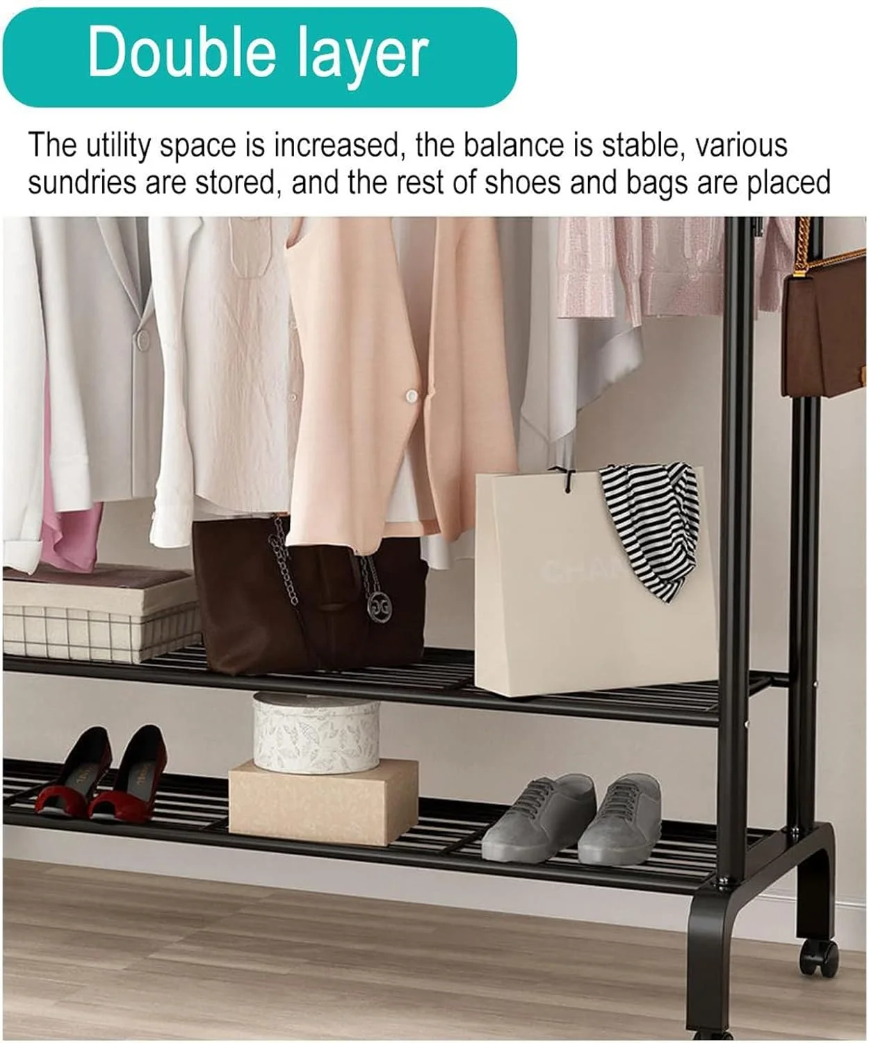 رگال لباس دو میله فلزی سنگین، آویز لباس ایستاده، خشک کن بزرگ متحرک با 2 طبقه قفسه ذخیره سازی پایین و 4 چرخ برای اتاق خواب (رنگ: مشکی، سایز: 150 سانتی متر)