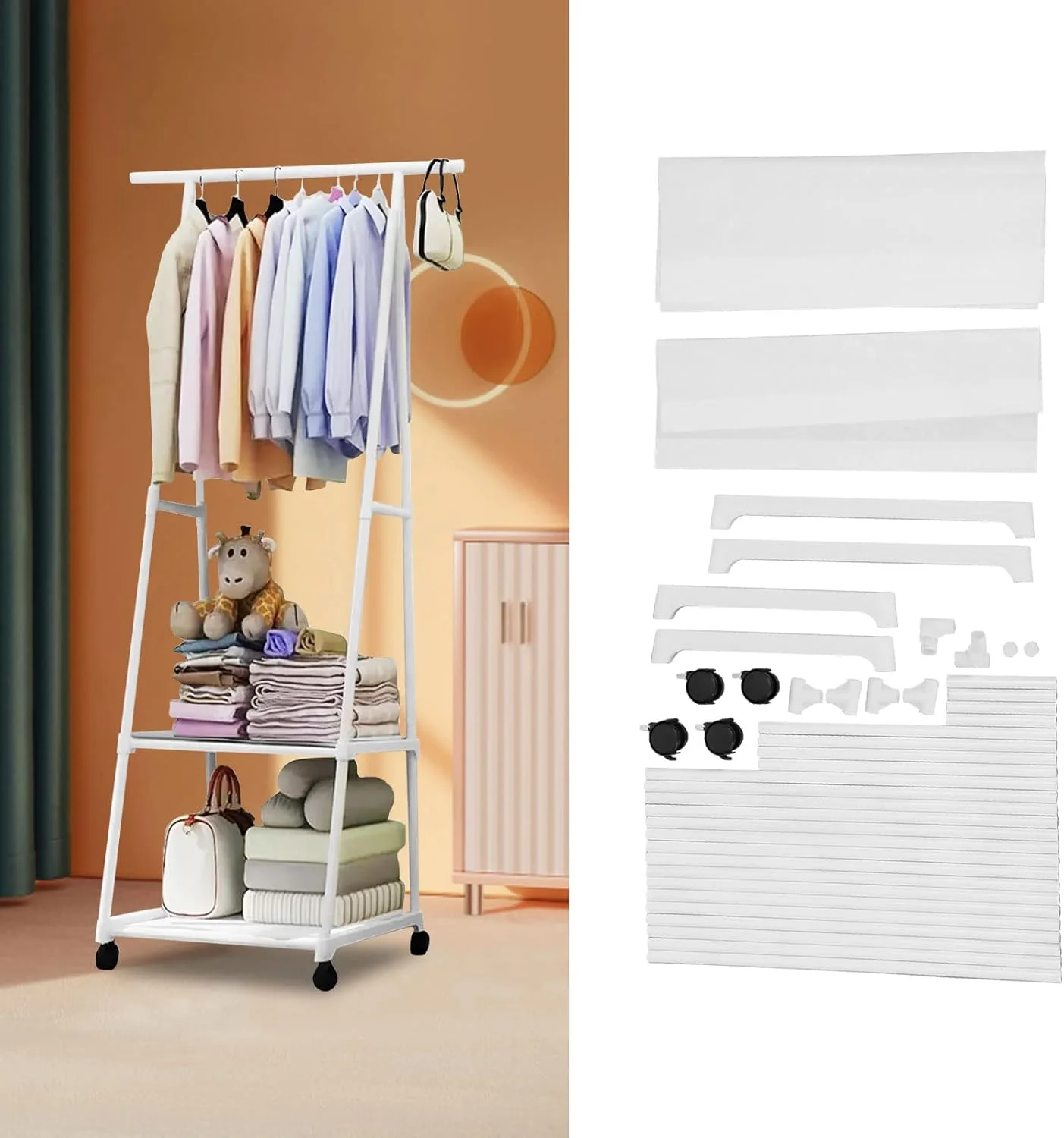 رگال لباس Cryfokt، رگال لباس میله ای با مونتاژ آسان، سازمان دهنده لباس چرخدار مثلثی با چرخ، قفسه ذخیره سازی متحرک چند لایه چند منظوره برای آویزان کردن لباس