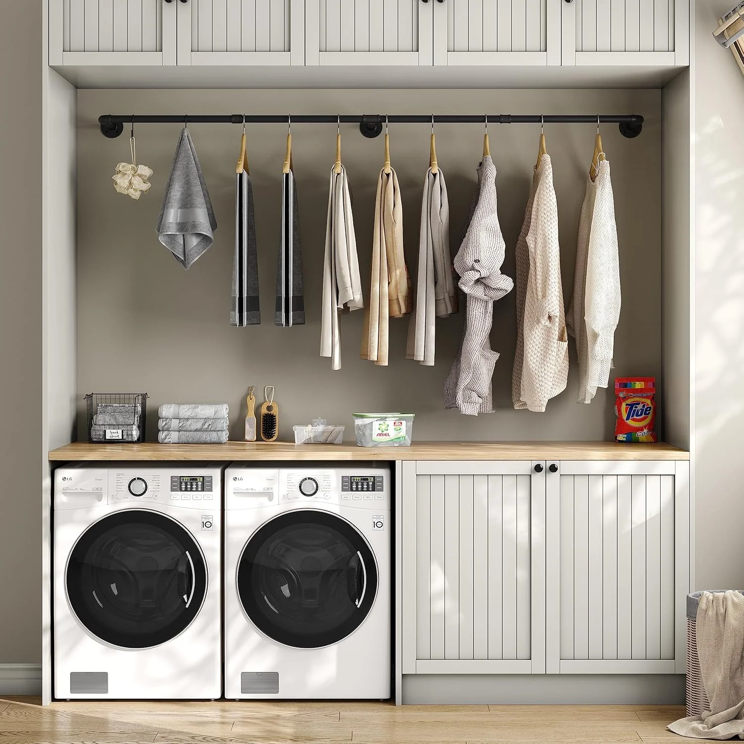 چوب لباسی ریلی لوله ای صنعتی با 3 قلاب S شکل، رخت آویز دیواری 183 سانتی متری، میله آویز لباس آهنی سنگین، میله آویز لباس برای اتاق لباسشویی، حداکثر بار 61 کیلوگرم مشکی (3 پایه)